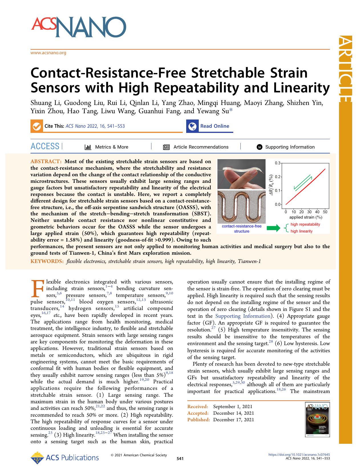 Contact-Resistance-Free Stretchable Strain Sensors with High Repeatability and Linearity by unknow