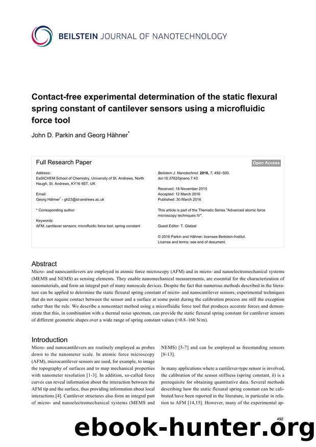 Contact-free experimental determination of the static flexural spring constant of cantilever sensors using a microfluidic force tool by John D. Parkin Georg Hähner