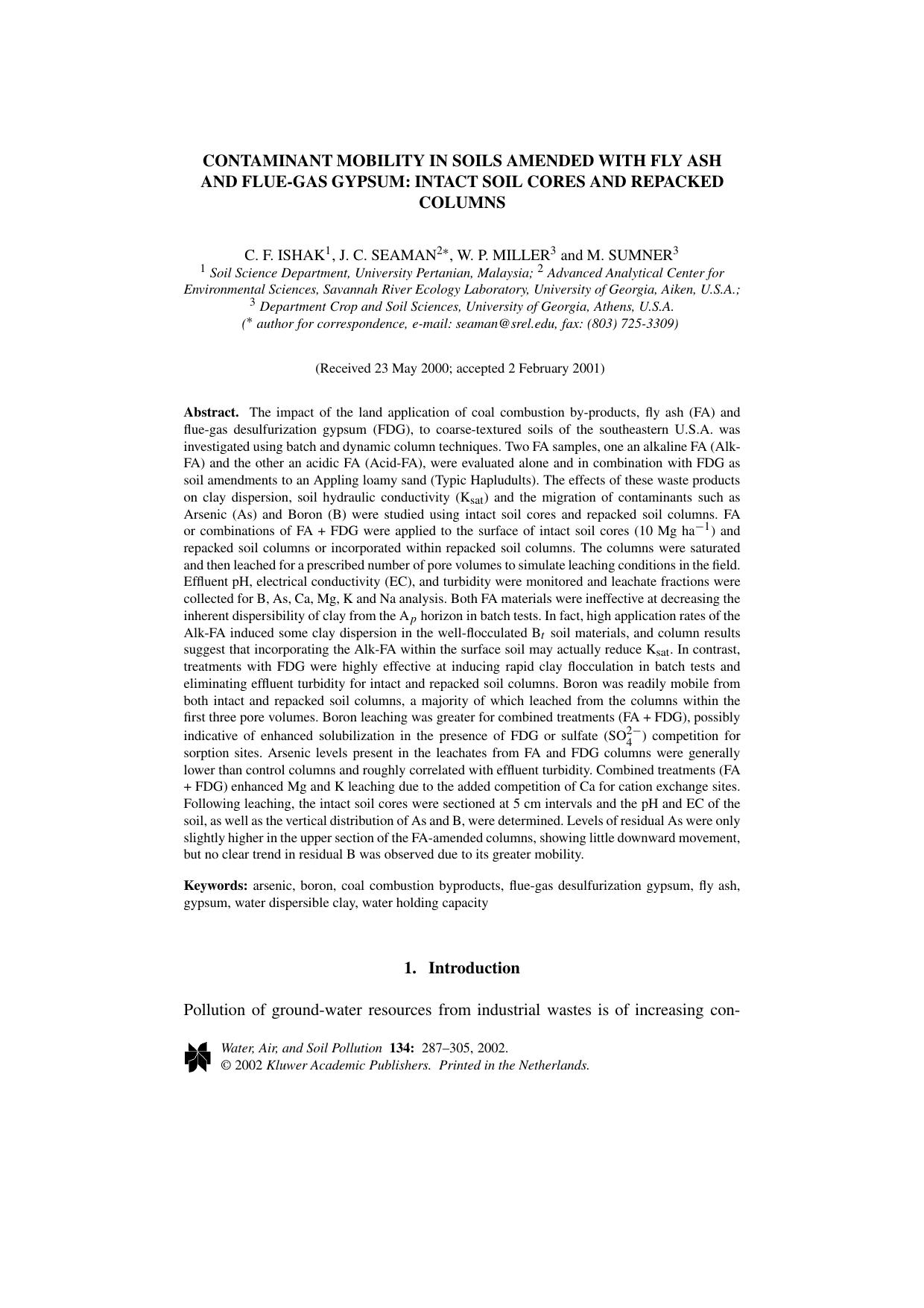 Contaminant Mobility in Soils Amended with Fly Ash and Flue-Gas Gypsum: Intact Soil Cores and Repacked Columns by Unknown
