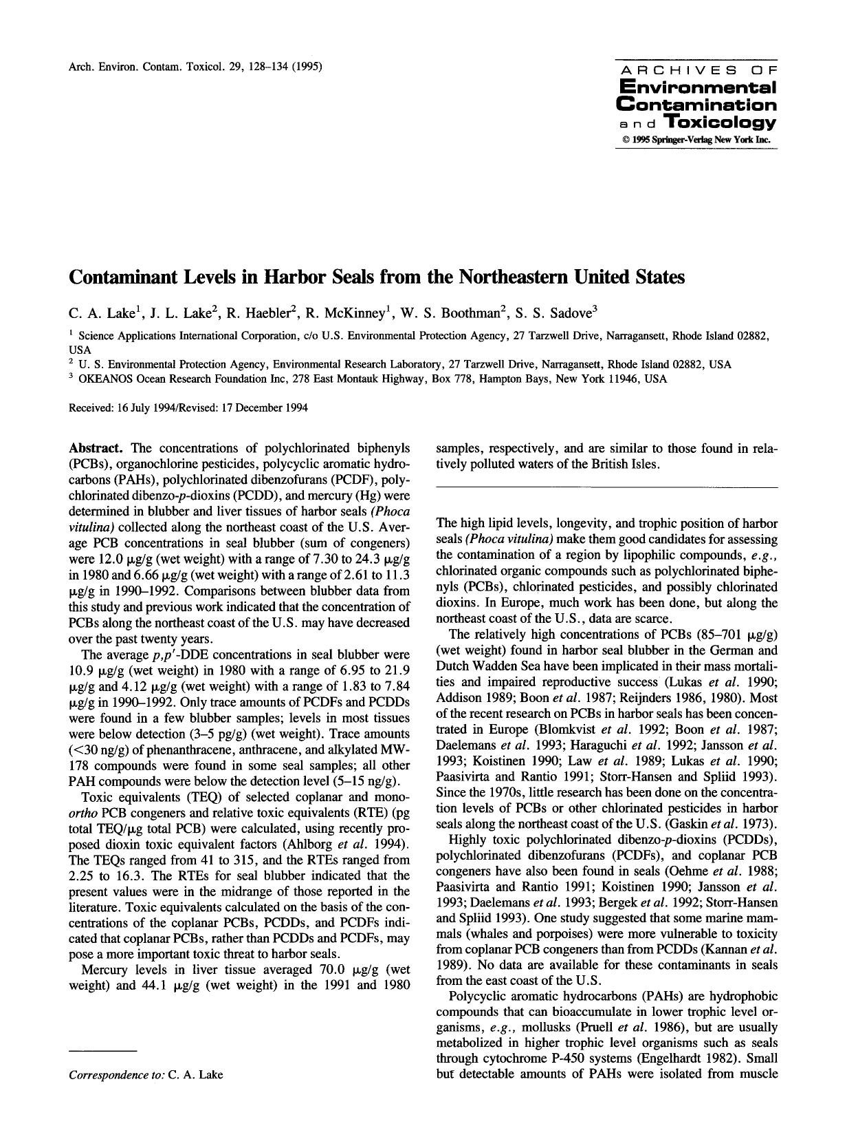 Contaminant levels in harbor seals from the northeastern United States by Unknown