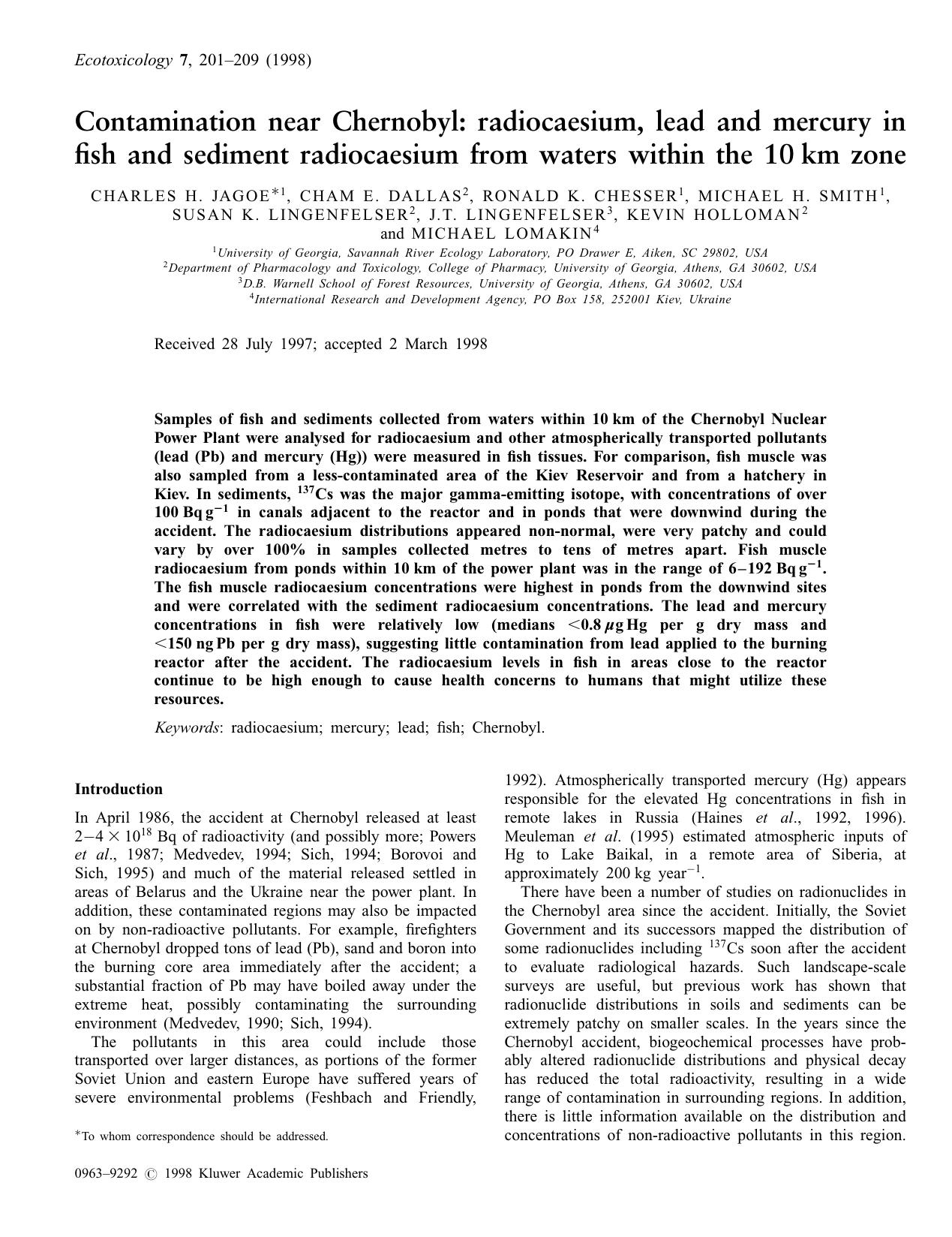 Contamination Near Chernobyl: radiocaesium, Lead and Mercury in Fish and Sediment Radiocaesium from Waters Within the 10 km Zone by Unknown