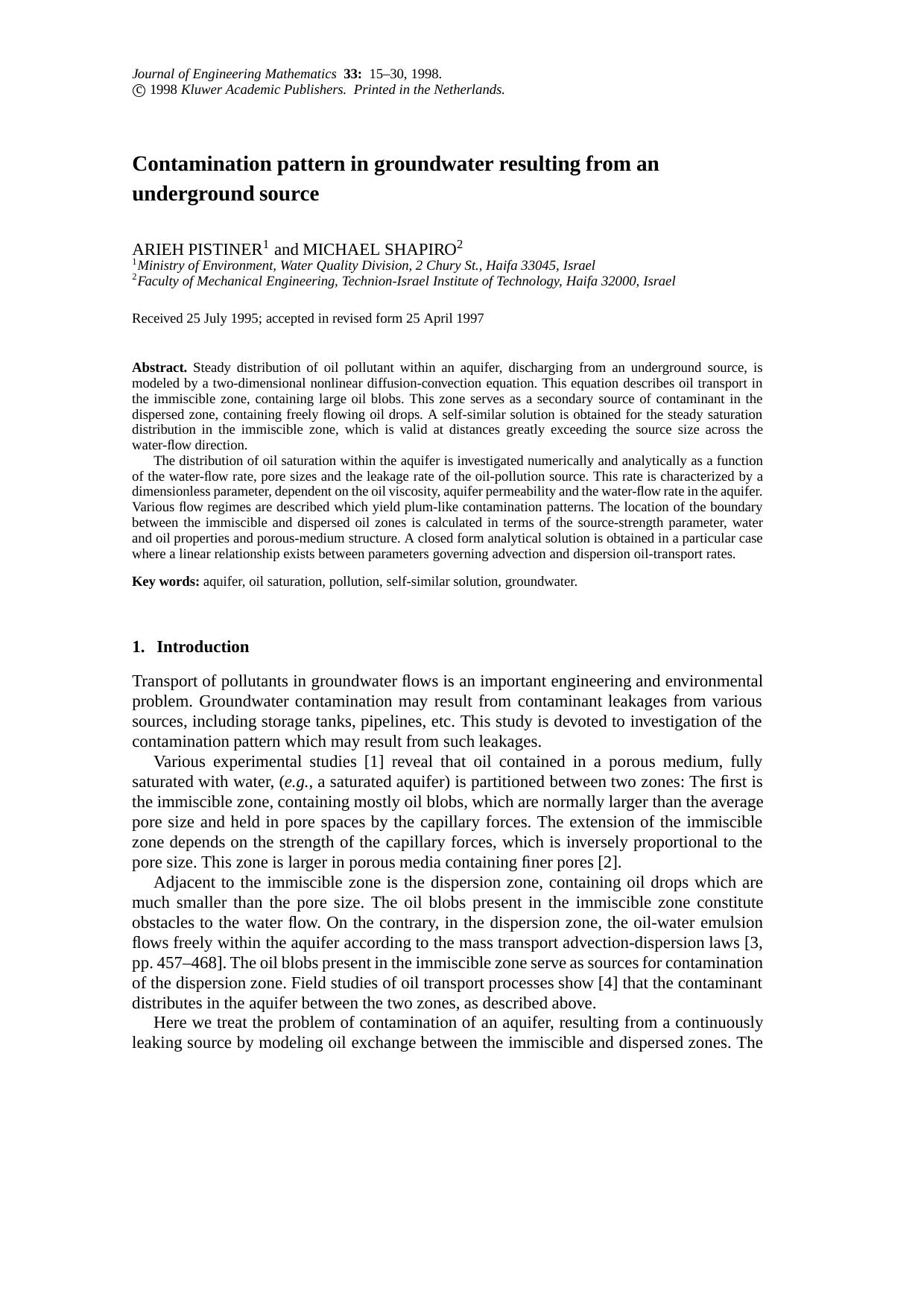 Contamination Pattern in Groundwater Resulting from an Underground Source by Unknown