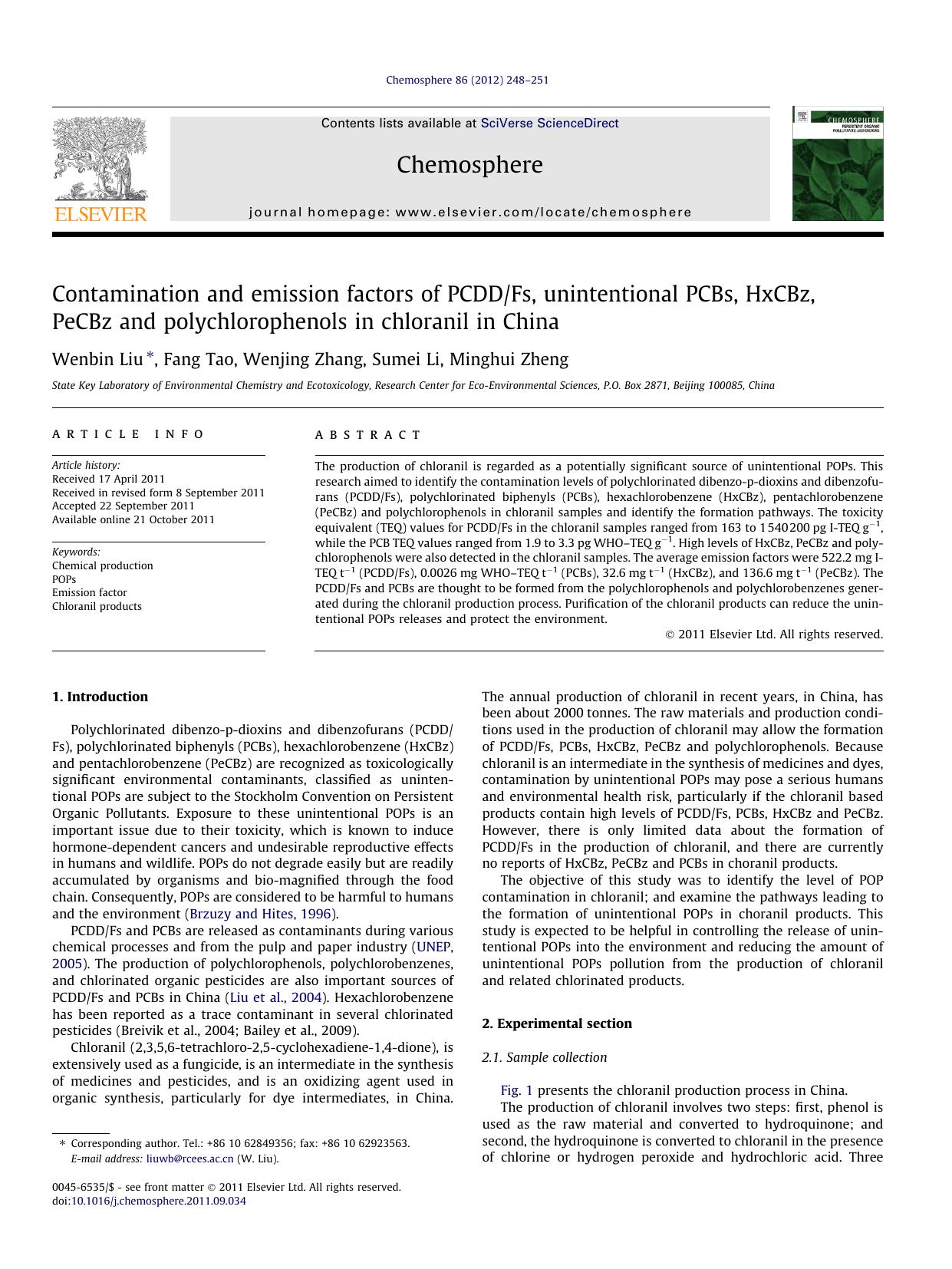 Contamination and emission factors of PCDDFs, unintentional PCBs, HxCBz, PeCBz and polychlorophenols in chloranil in China by Wenbin Liu & Fang Tao & Wenjing Zhang & Sumei Li & Minghui Zheng