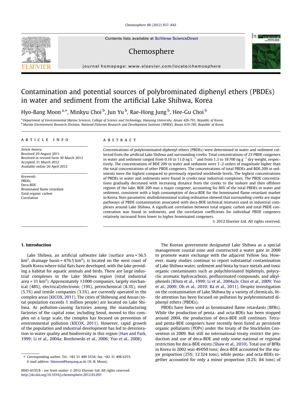 Contamination and potential sources of polybrominated diphenyl ethers (PBDEs) in water and sediment from the artificial Lake Shihwa, Korea by Hyo-Bang Moon & Minkyu Choi & Jun Yu & Rae-Hong Jung & Hee-Gu Choi