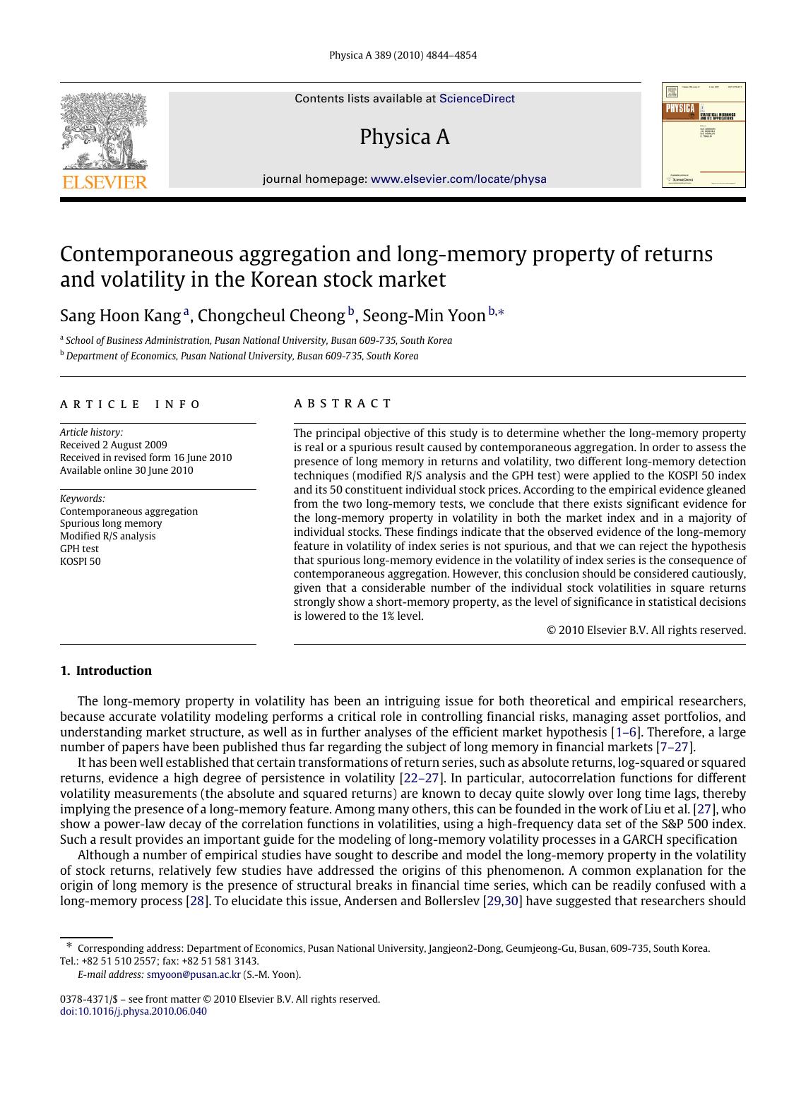 Contemporaneous aggregation and long-memory property of returns and volatility in the Korean stock market by Sang Hoon Kang; Chongcheul Cheong; Seong-Min Yoon