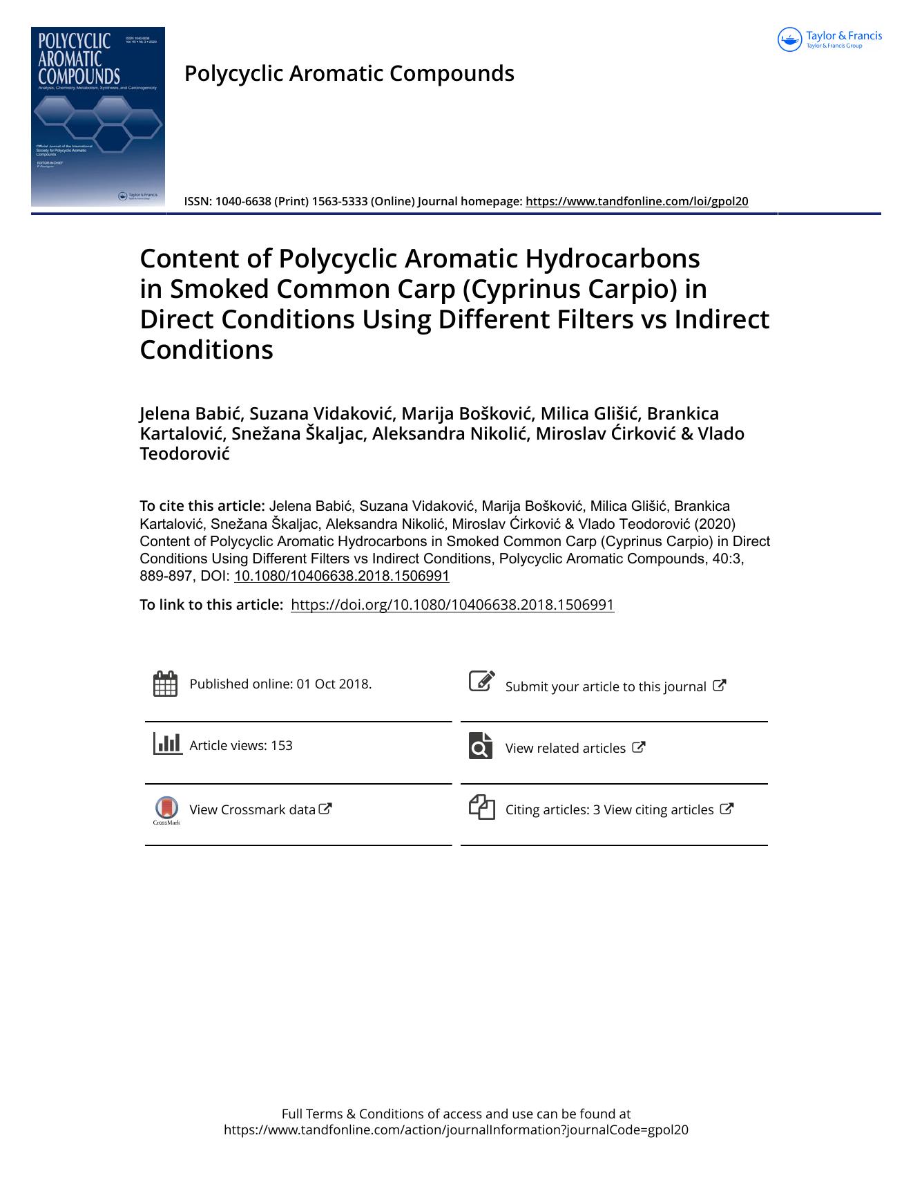 Content of Polycyclic Aromatic Hydrocarbons in Smoked Common Carp (Cyprinus Carpio) in Direct Conditions Using Different Filters vs Indirect Conditions by unknow