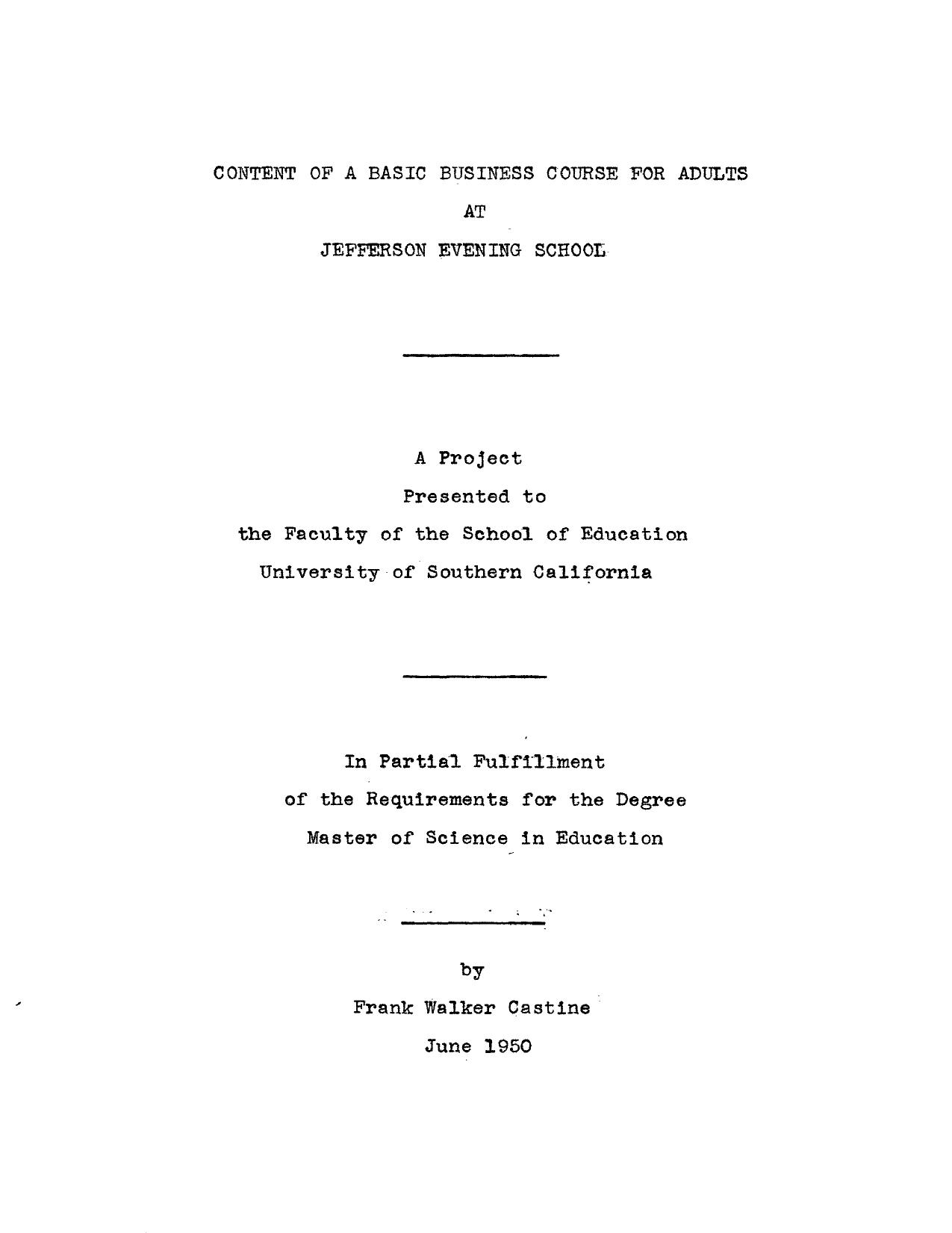 Content of a basic business course for adults at Jefferson Evening School by Castine Frank Walker