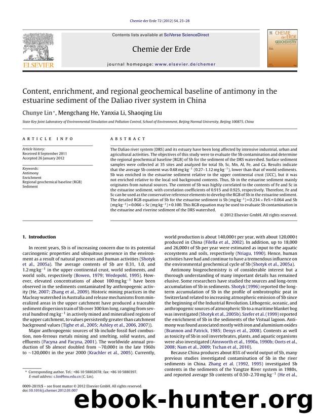 Content, enrichment, and regional geochemical baseline of antimony in the estuarine sediment of the Daliao river system in China by Chunye Lin & Mengchang He & Yanxia Li & Shaoqing Liu
