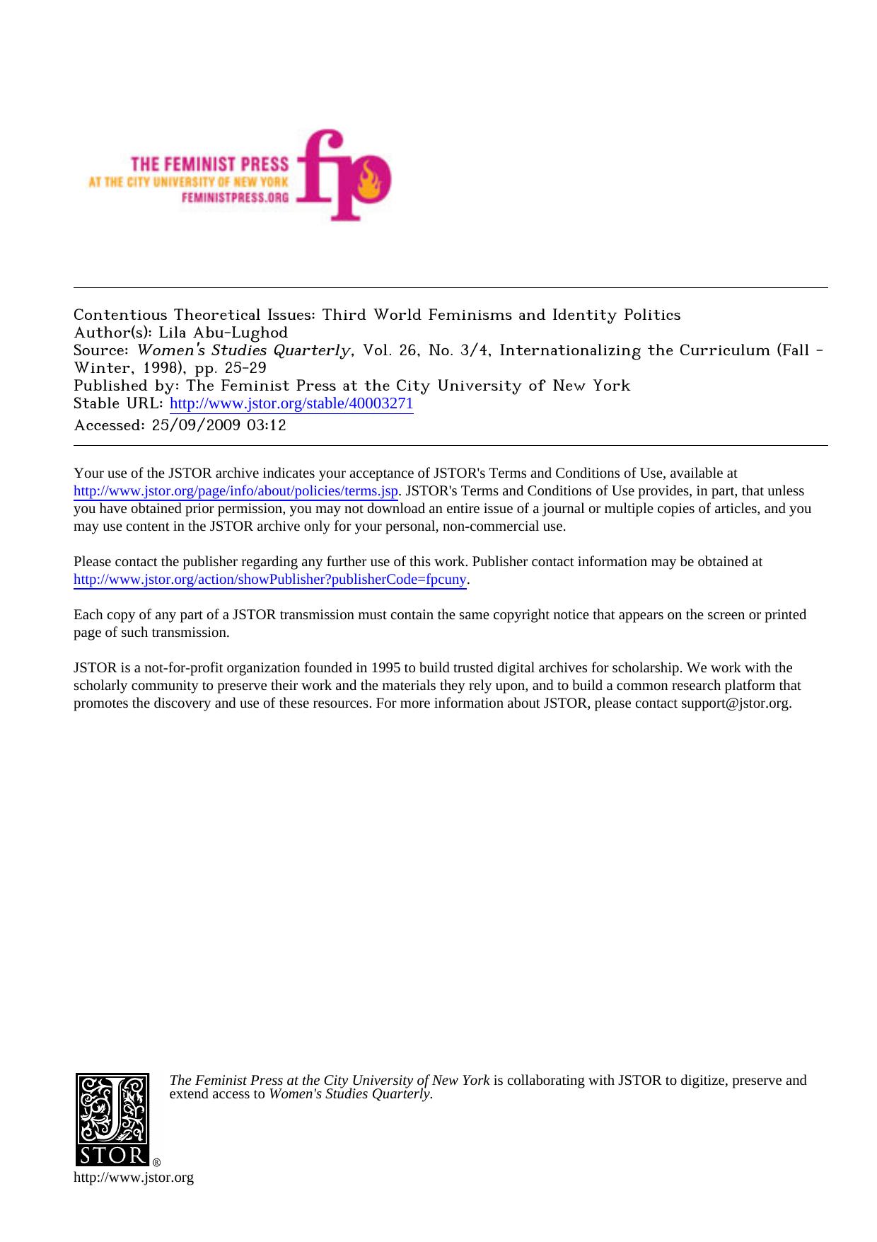 Contentious Theoretical Issues: Third World Feminisms and Identity Politics by Unknown