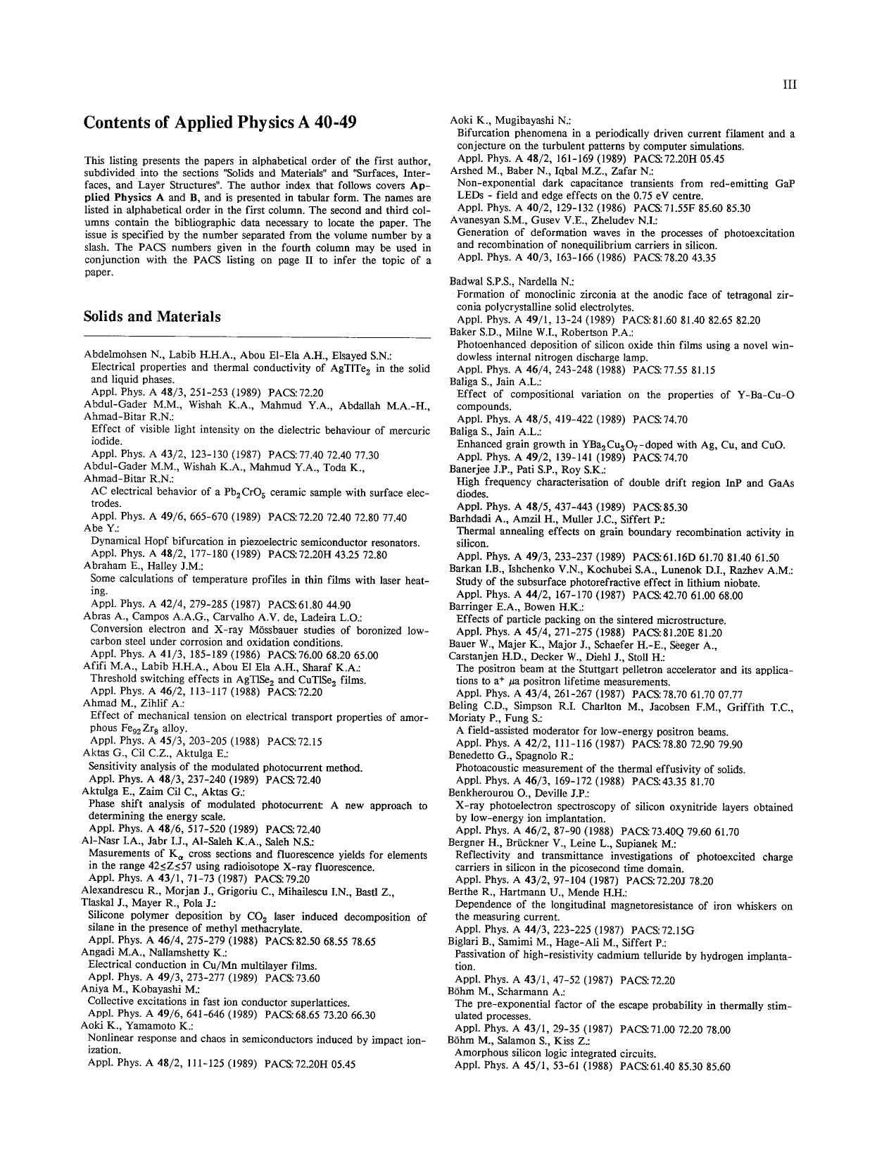 Contents applied physics A and applied physics B Volumes 40&#x02013;49 (1986&#x02013;1989) by Unknown