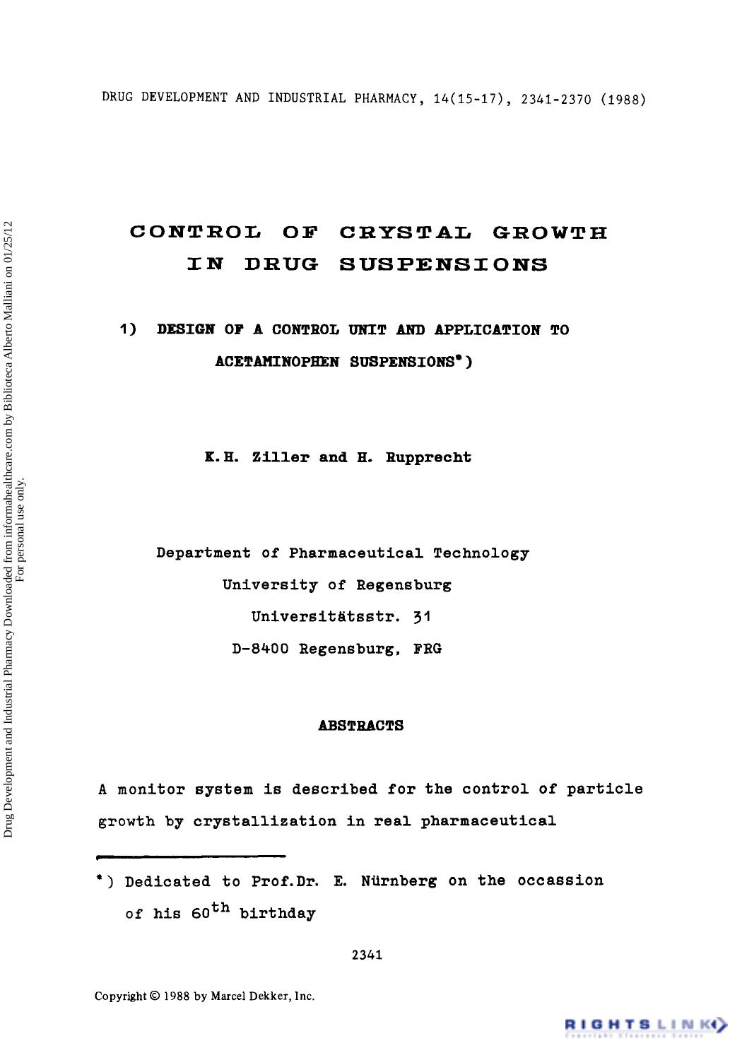 Conteol of Crystal Growth in Drug Suspensions: 1) Design of a Conteol Unit and Application to Acetaminophen Suspensions) by K. H. Ziller & H. Rupprecht