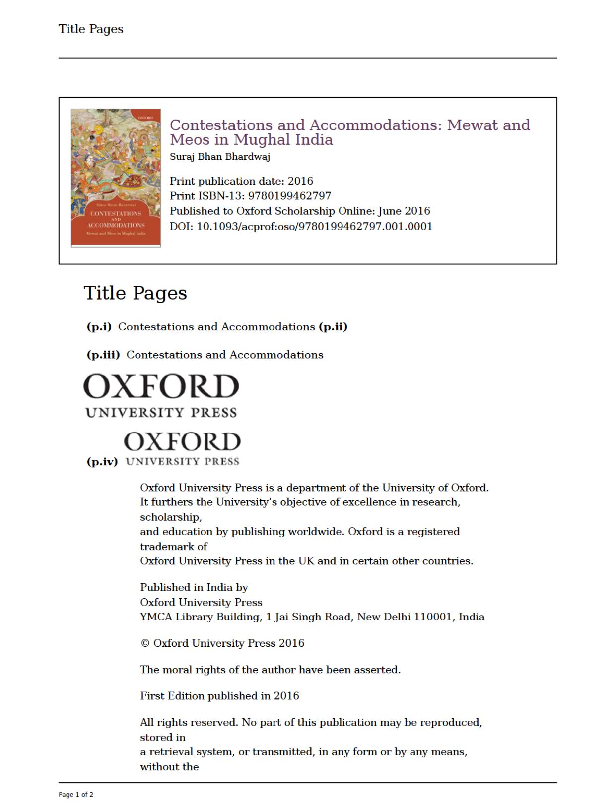 Contestations and Accommodations: Mewat and Meos in Mughal India by Suraj Bhan Bhardwaj