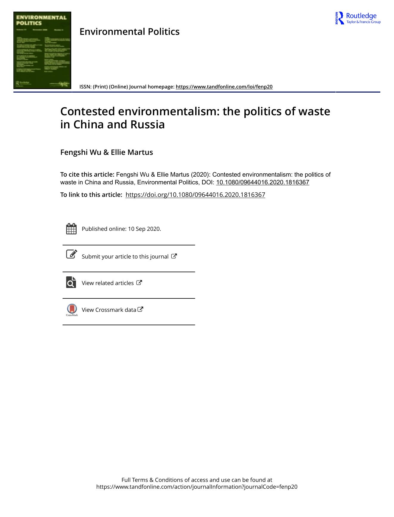 Contested environmentalism: the politics of waste in China and Russia by Fengshi Wu & Ellie Martus