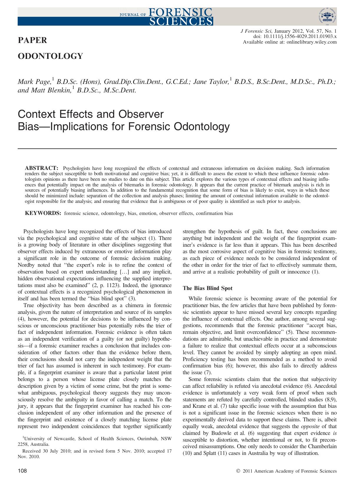 Context Effects and Observer BiasImplications for Forensic Odontology by Unknown