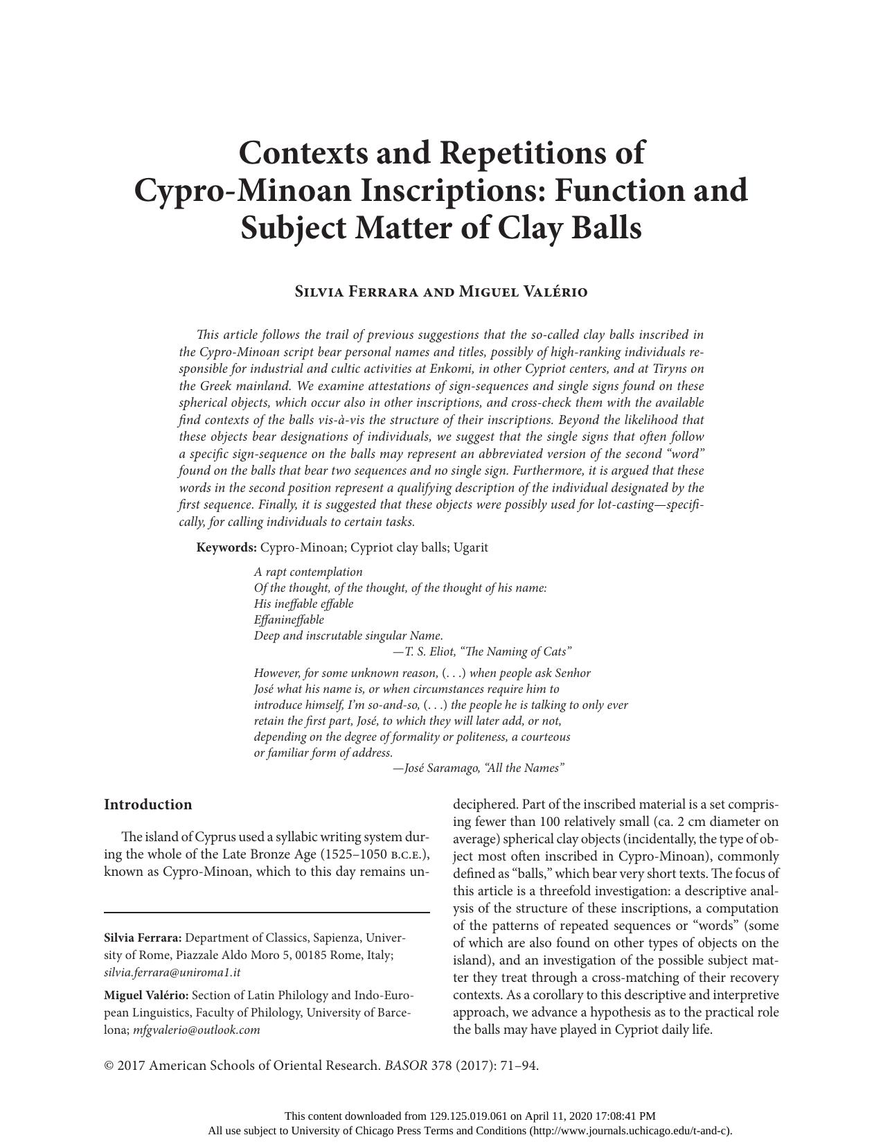 Contexts and Repetitions of Cypro-Minoan Inscriptions: Function and Subject Matter of Clay Balls by Silvia Ferrara & Miguel Valério