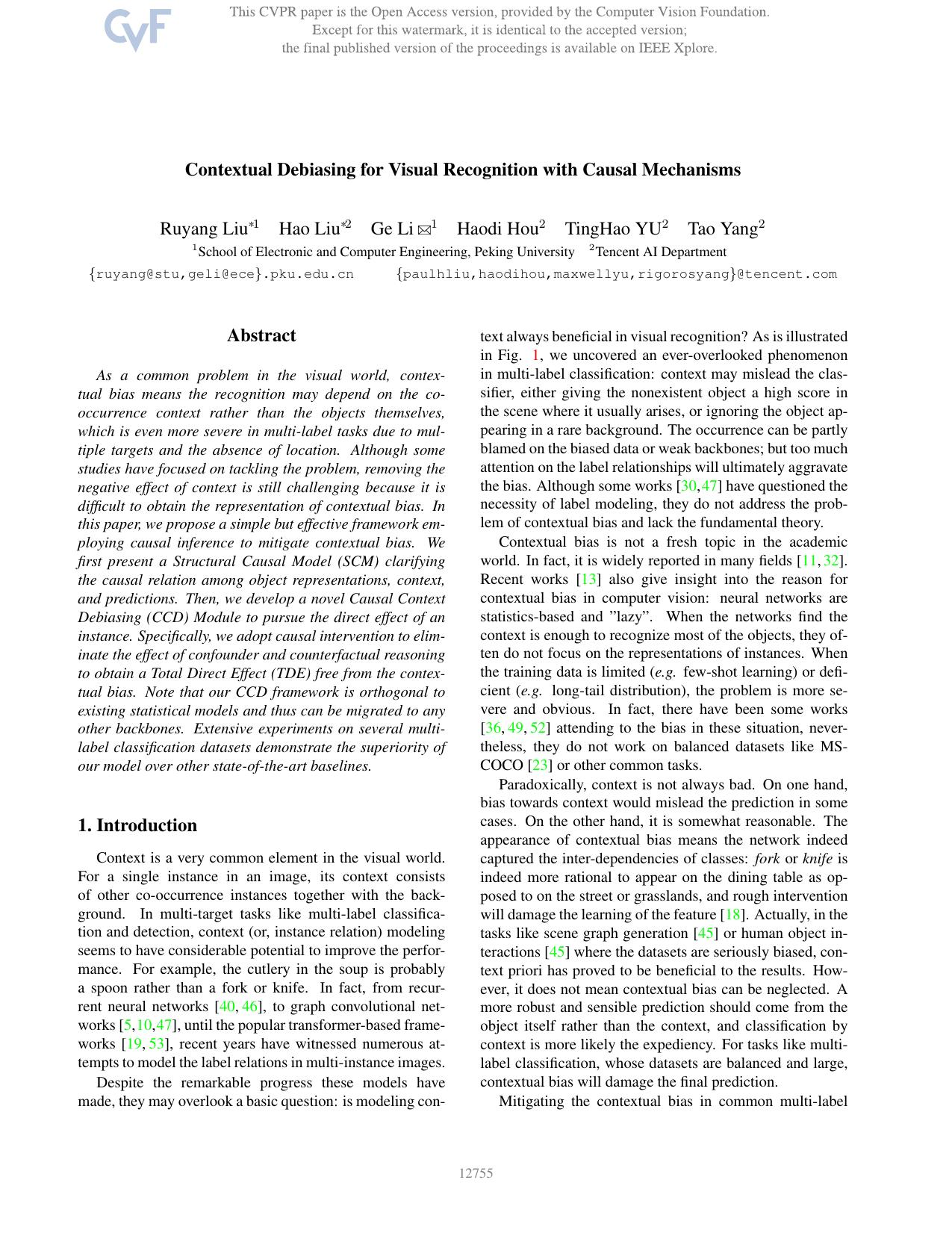 Contextual Debiasing for Visual Recognition With Causal Mechanisms by Ruyang Liu & Hao Liu & Ge Li & Haodi Hou & TingHao Yu & Tao Yang