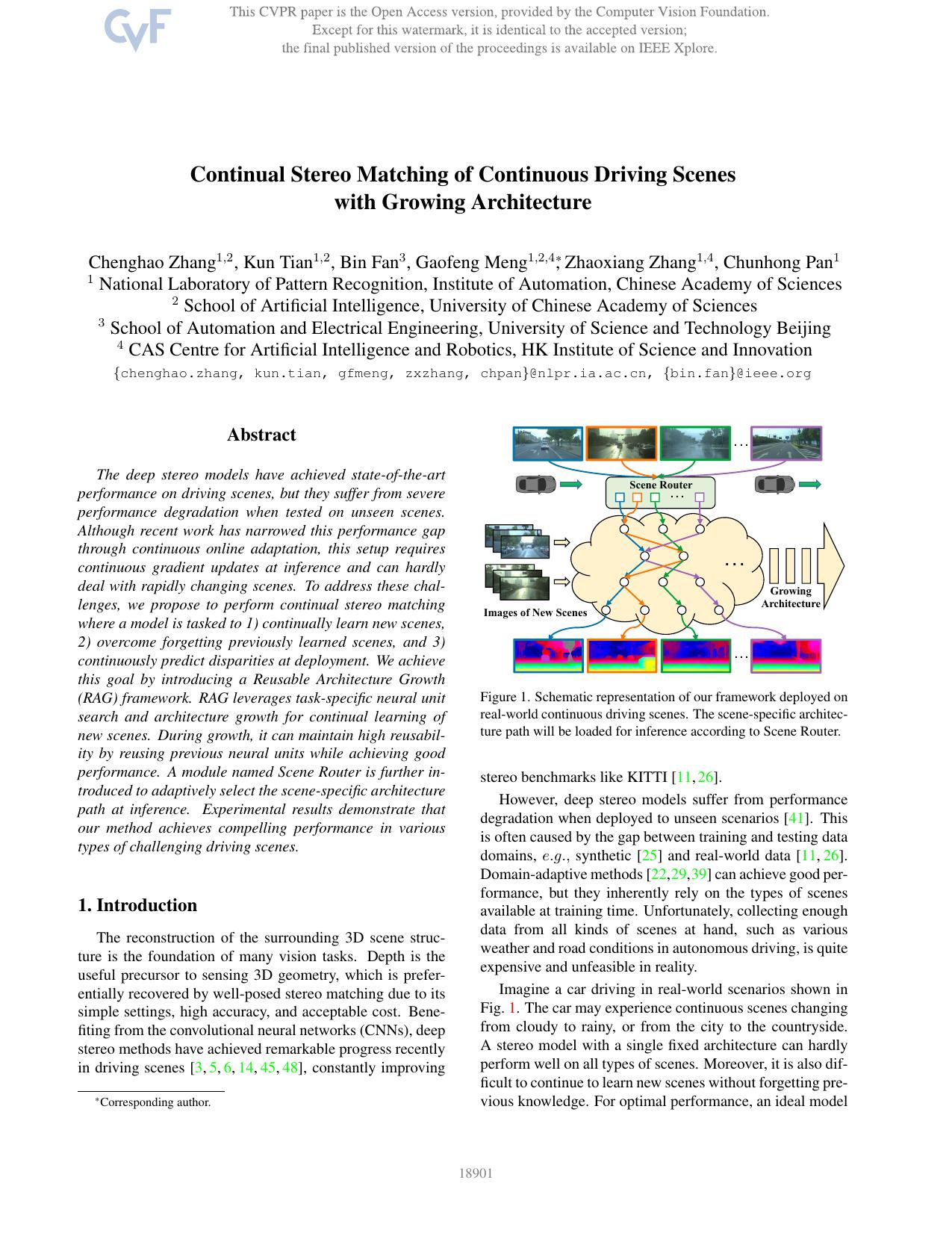 Continual Stereo Matching of Continuous Driving Scenes With Growing Architecture by Chenghao Zhang & Kun Tian & Bin Fan & Gaofeng Meng & Zhaoxiang Zhang & Chunhong Pan