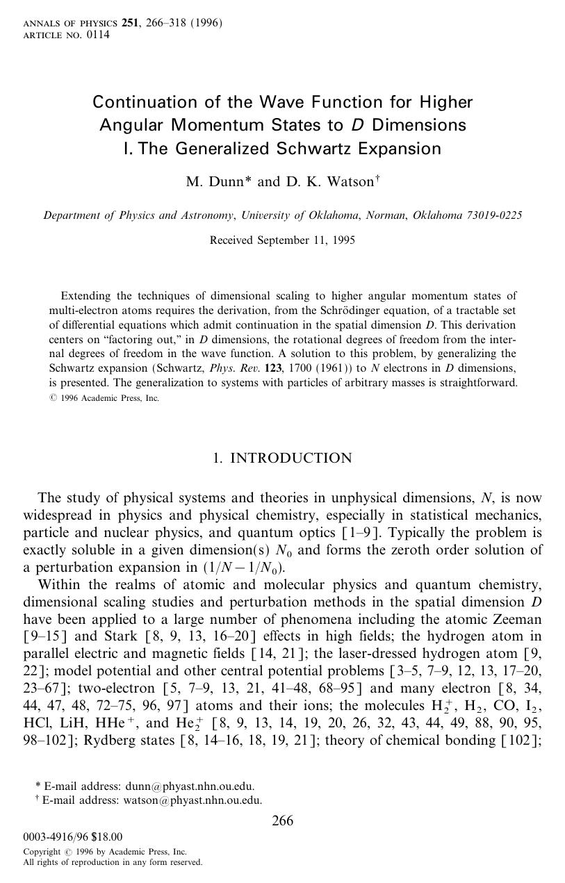 Continuation of the Wave Function for Higher Angular Momentum States to D Dimensions. I. The Generalized Schwartz Expansion by Dunn M. et al