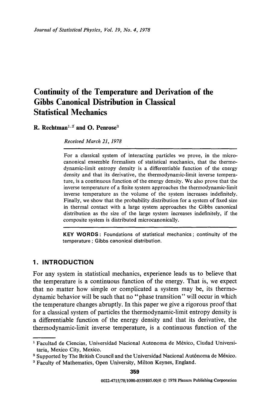 Continuity of the temperature and derivation of the Gibbs canonical distribution in classical statistical mechanics by Unknown