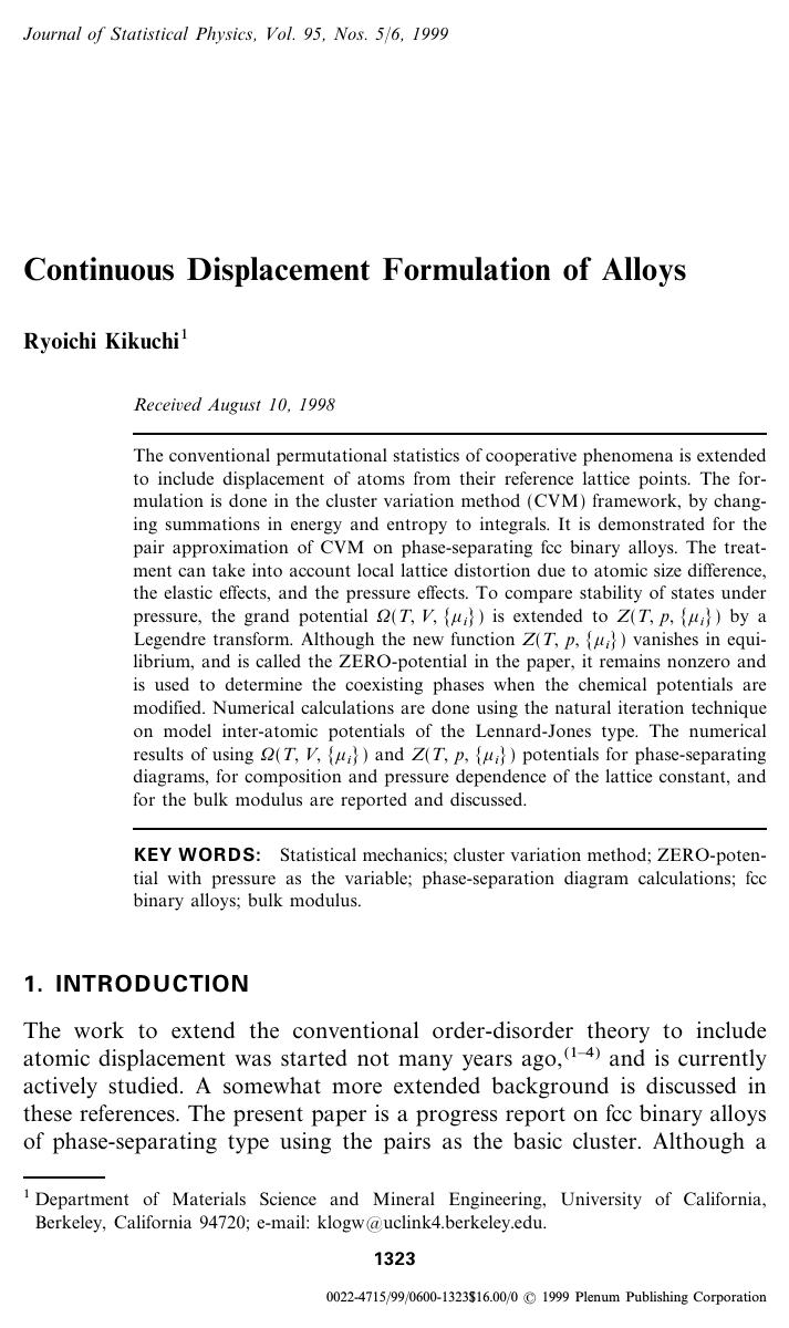 Continuous Displacement Formulation of Alloys by Unknown