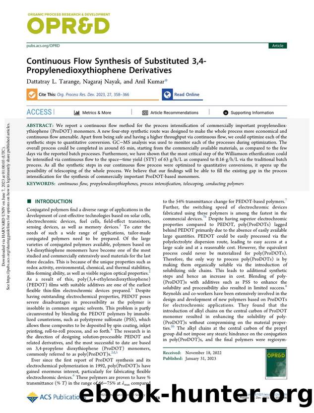 Continuous Flow Synthesis of Substituted 3,4-Propylenedioxythiophene Derivatives by Dattatray L. Tarange Nagaraj Nayak & Anil Kumar