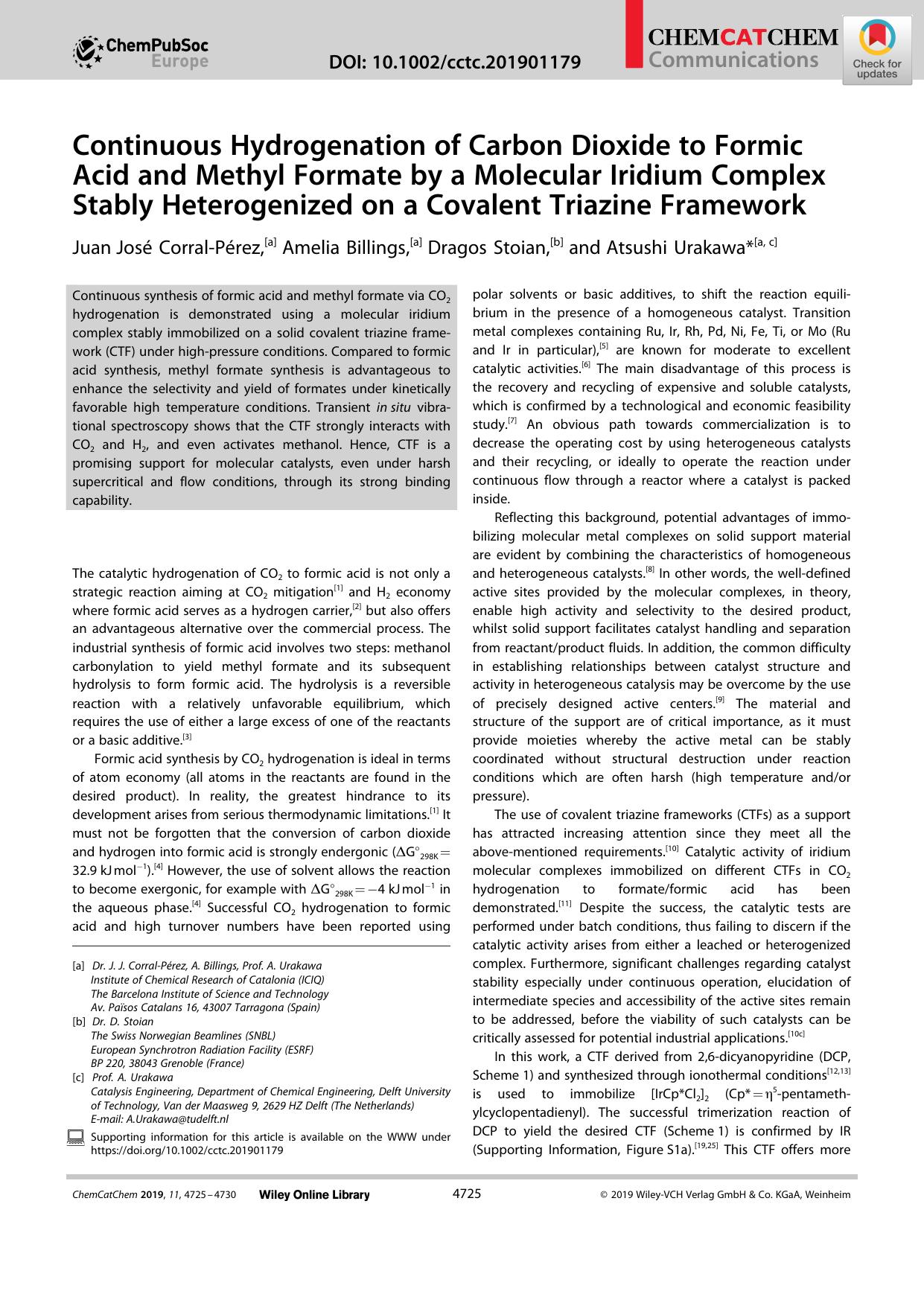 Continuous Hydrogenation of Carbon Dioxide to Formic Acid and Methyl Formate by a Molecular Iridium Complex Stably Heterogenized on a Covalent Triazine Framework by Unknown