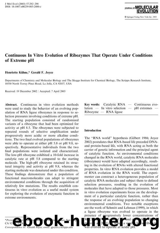 Continuous In Vitro Evolution of Ribozymes That Operate Under Conditions of Extreme pH by Kuhne H. et al