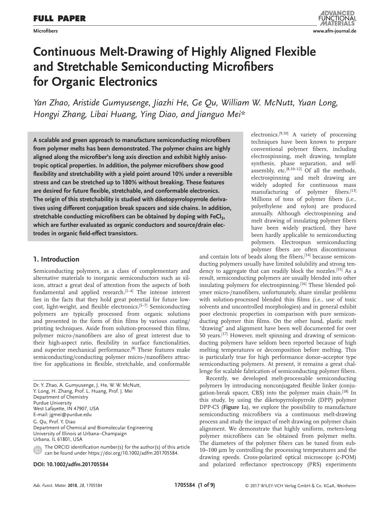 Continuous Melt&#x02010;Drawing of Highly Aligned Flexible and Stretchable Semiconducting Microfibers for Organic Electronics by Unknown