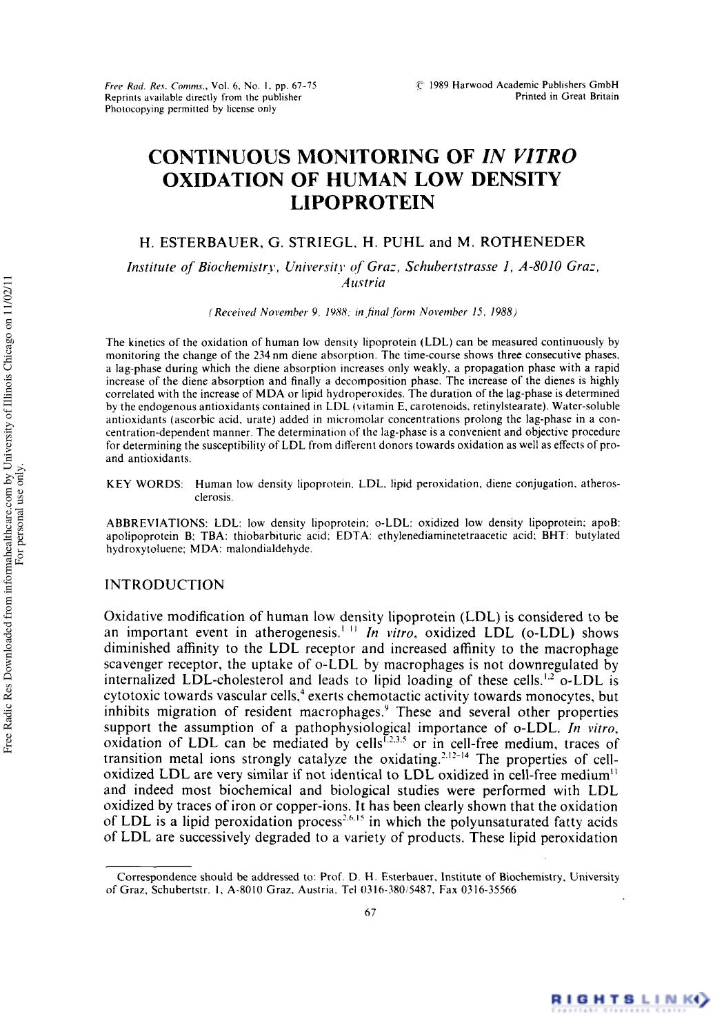 Continuous Monitoring of in Vztro Oxidation of Human Low Density Lipoprotein by H. Esterbauer1† G. Striegl1 H. Puhl1 & M. Rotheneder1