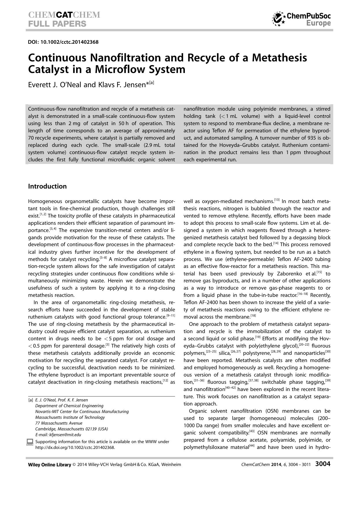 Continuous Nanofiltration and Recycle of a Metathesis Catalyst in a Microflow System by Unknown