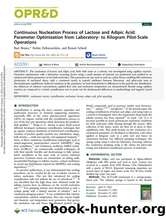Continuous Nucleation Process of Lactose and Adipic Acid: Parameter Optimization from Laboratory- to Kilogram Pilot-Scale Operations by Bart Rimez Robin Debuysschère & Benoit Scheid