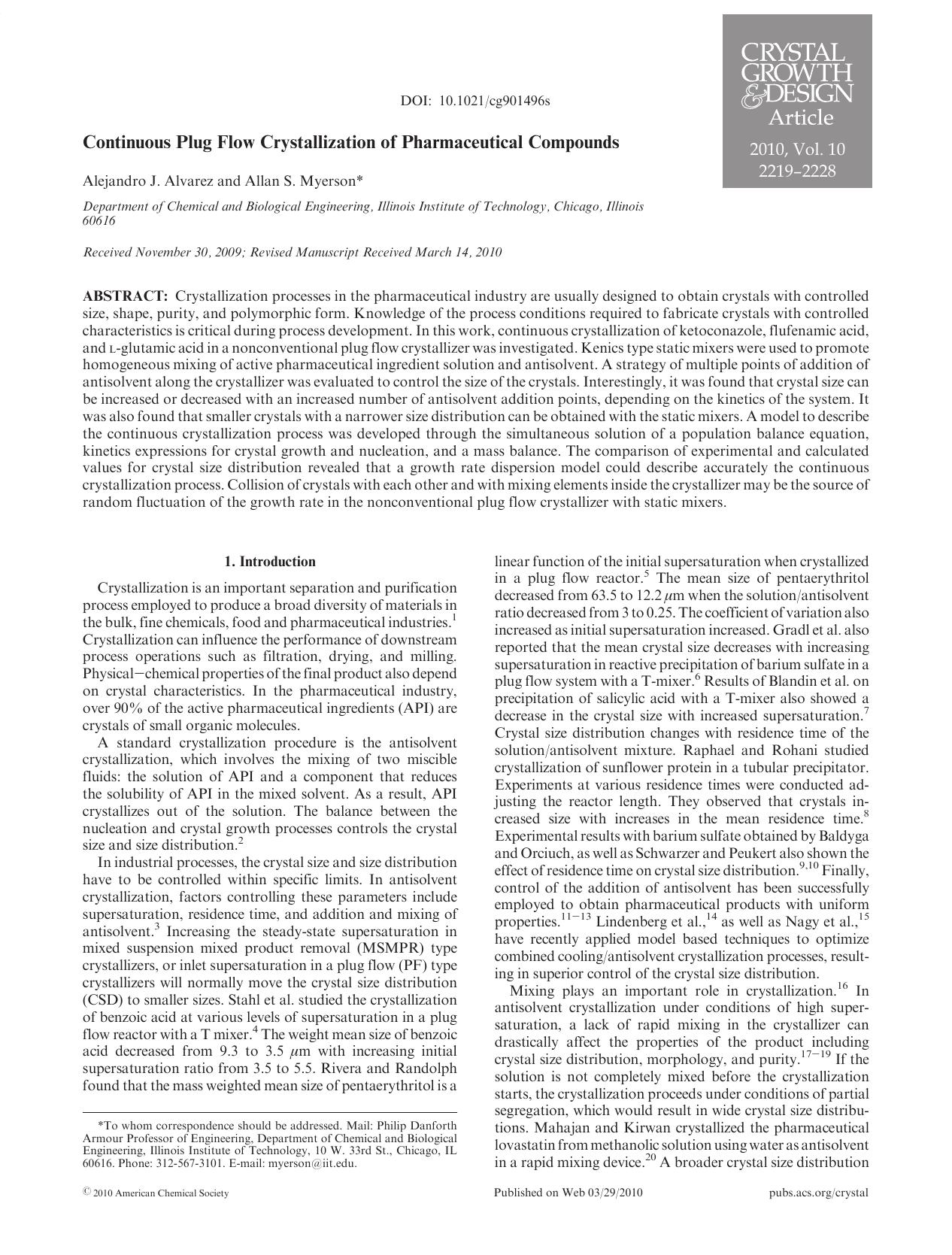 Continuous Plug Flow Crystallization of Pharmaceutical Compounds by Unknown