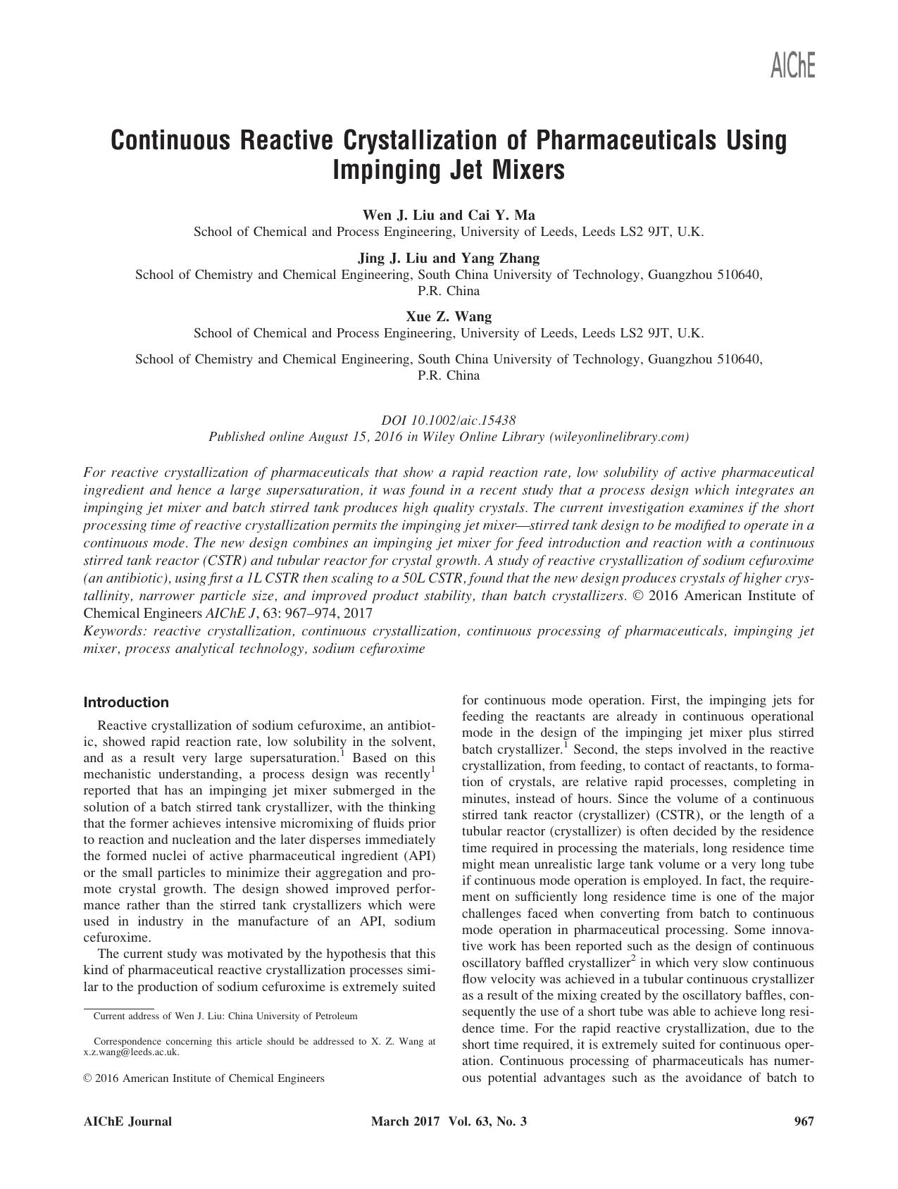 Continuous Reactive Crystallization of Pharmaceuticals Using Impinging Jet Mixers by Unknown