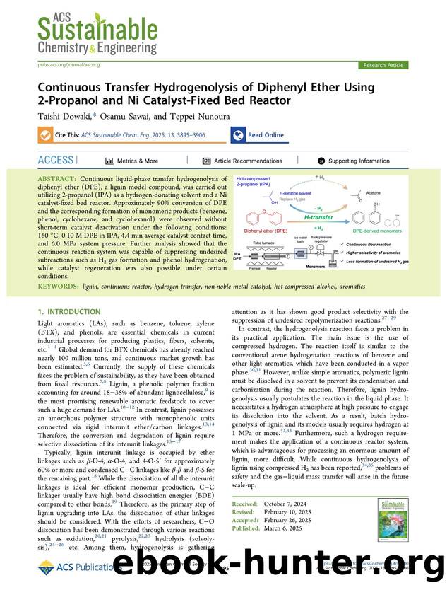 Continuous Transfer Hydrogenolysis of Diphenyl Ether Using 2-Propanol and Ni Catalyst-Fixed Bed Reactor by Taishi Dowaki Osamu Sawai and Teppei Nunoura