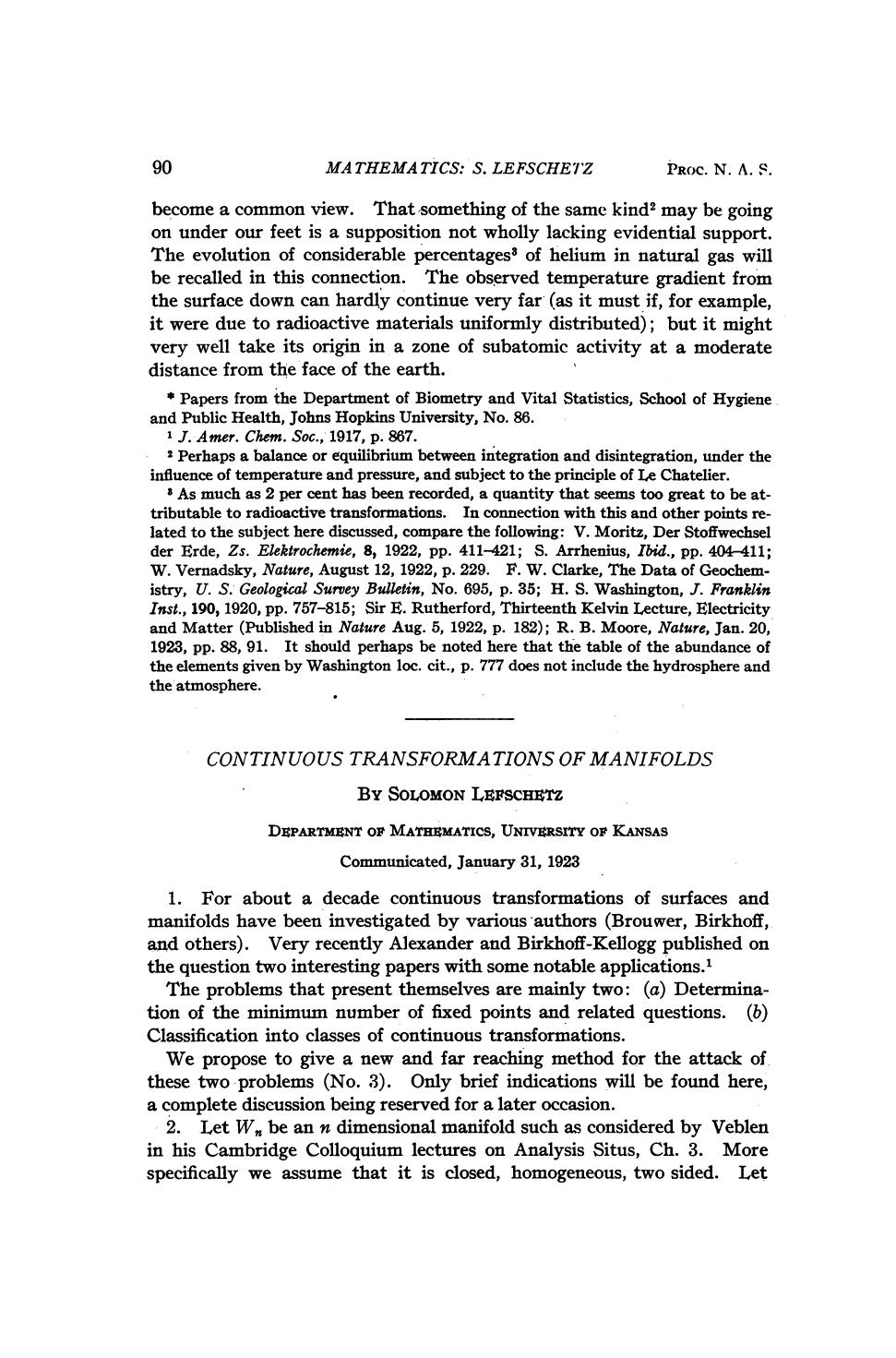 Continuous Transformations of Manifolds by Lefschetz S
