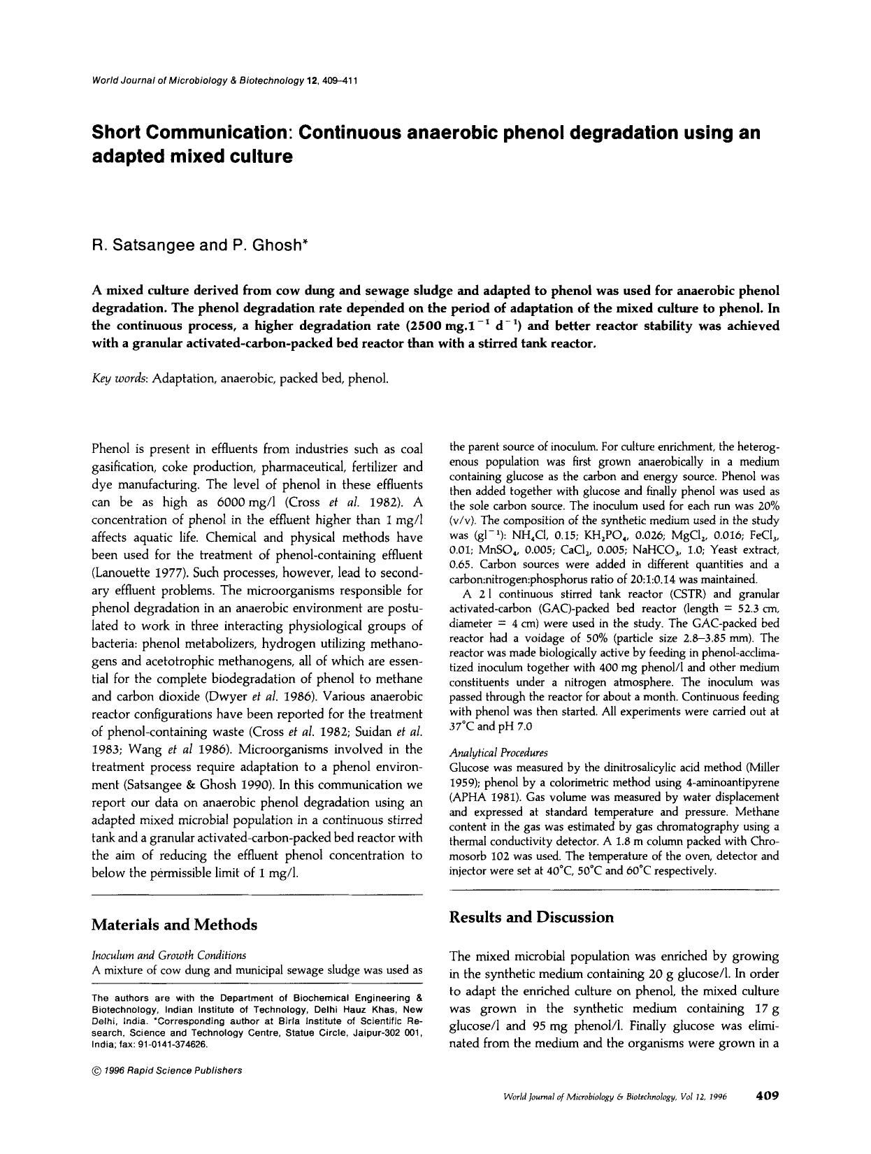 Continuous anaerobic phenol degradation using an adapted mixed culture by Unknown