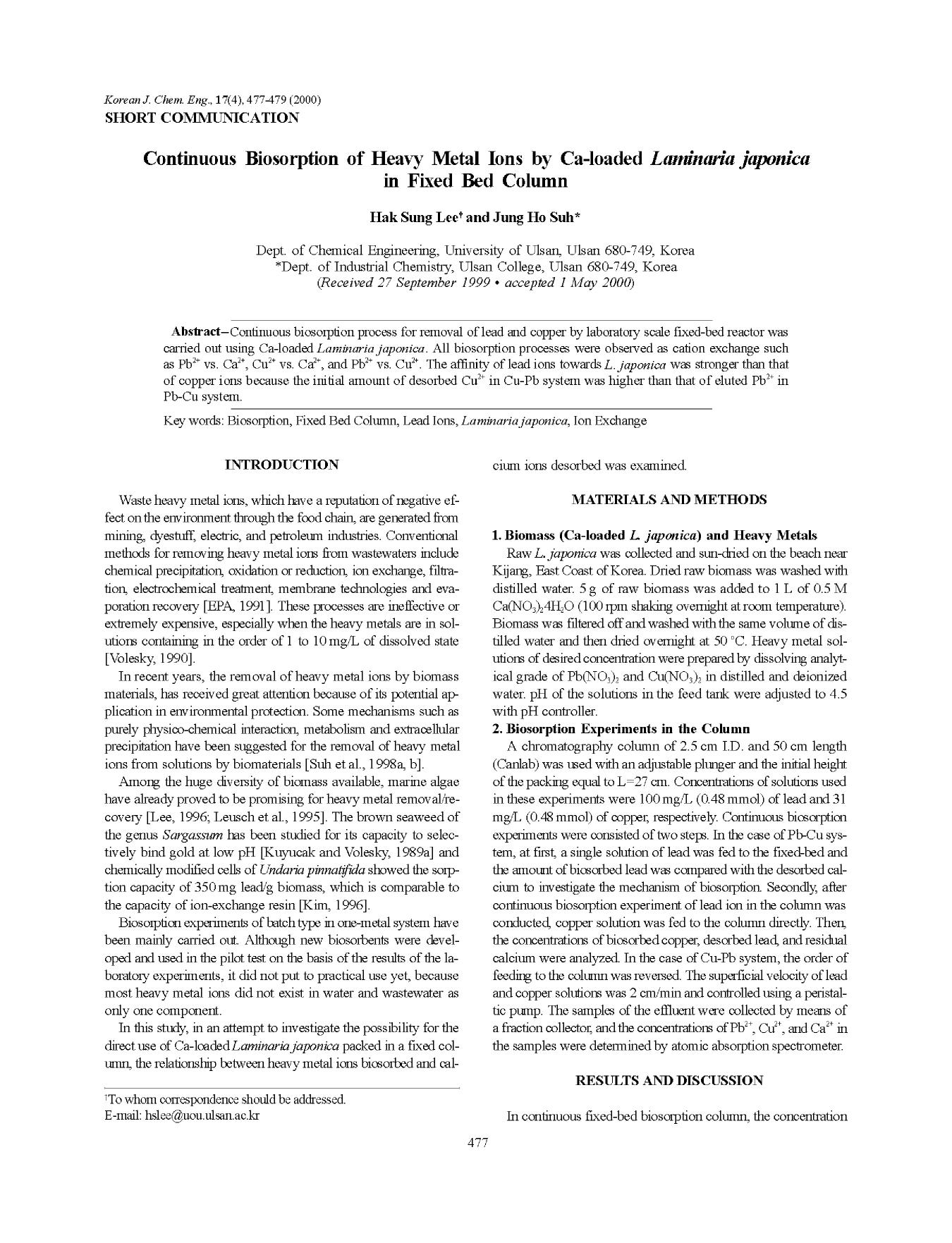 Continuous biosorption of heavy metal ions by Ca-loaded <Emphasis Type="Italic">laminaria japonica <Emphasis> in fixed bed column by Unknown