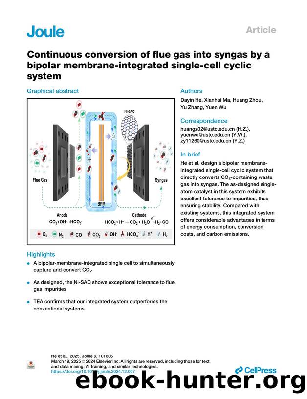Continuous conversion of flue gas into syngas by a bipolar membrane-integrated single-cell cyclic system by Dayin He & Xianhui Ma & Huang Zhou & Yu Zhang & Yuen Wu