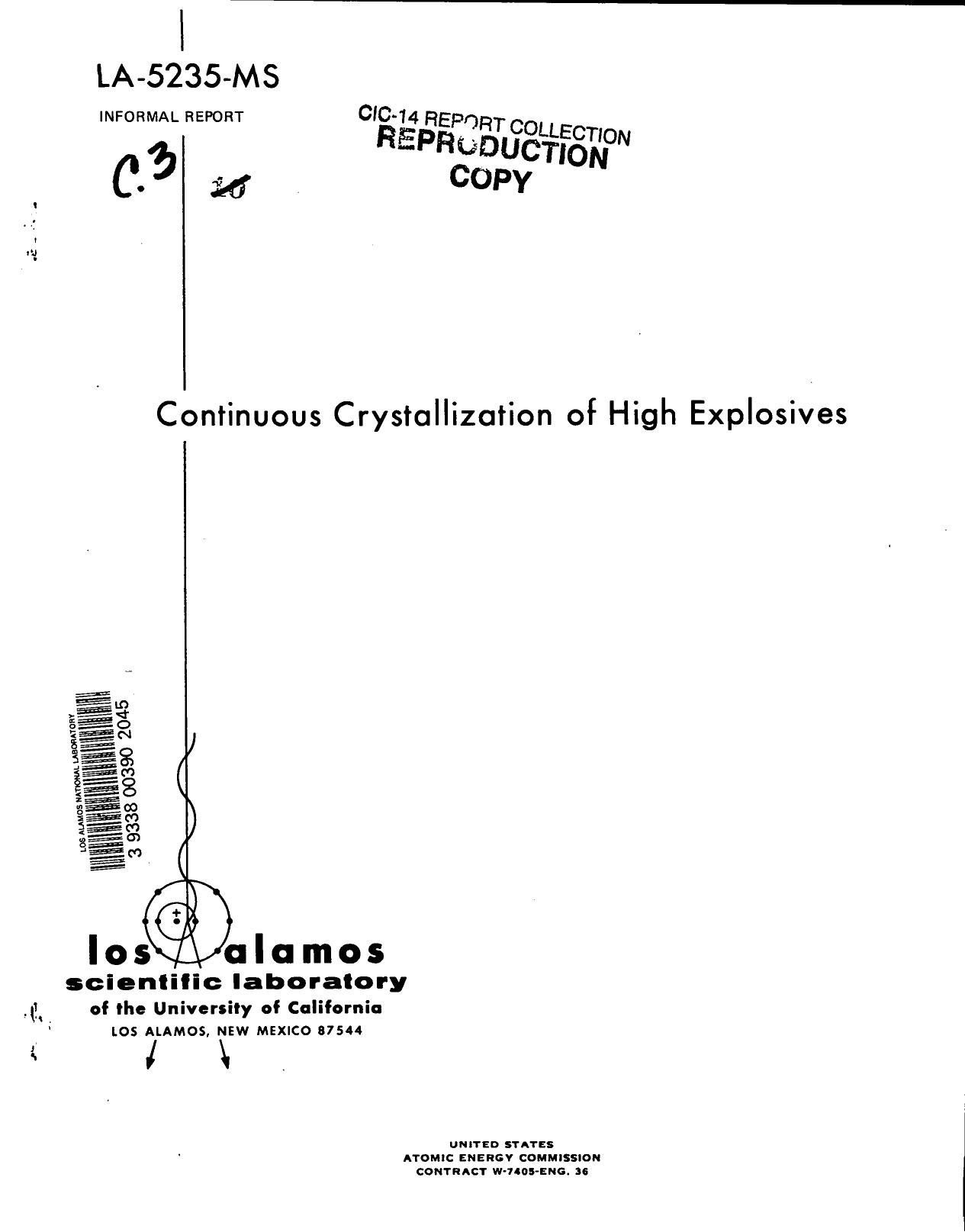 Continuous crystallization of high explosives None by LANL Research Library LWW Project