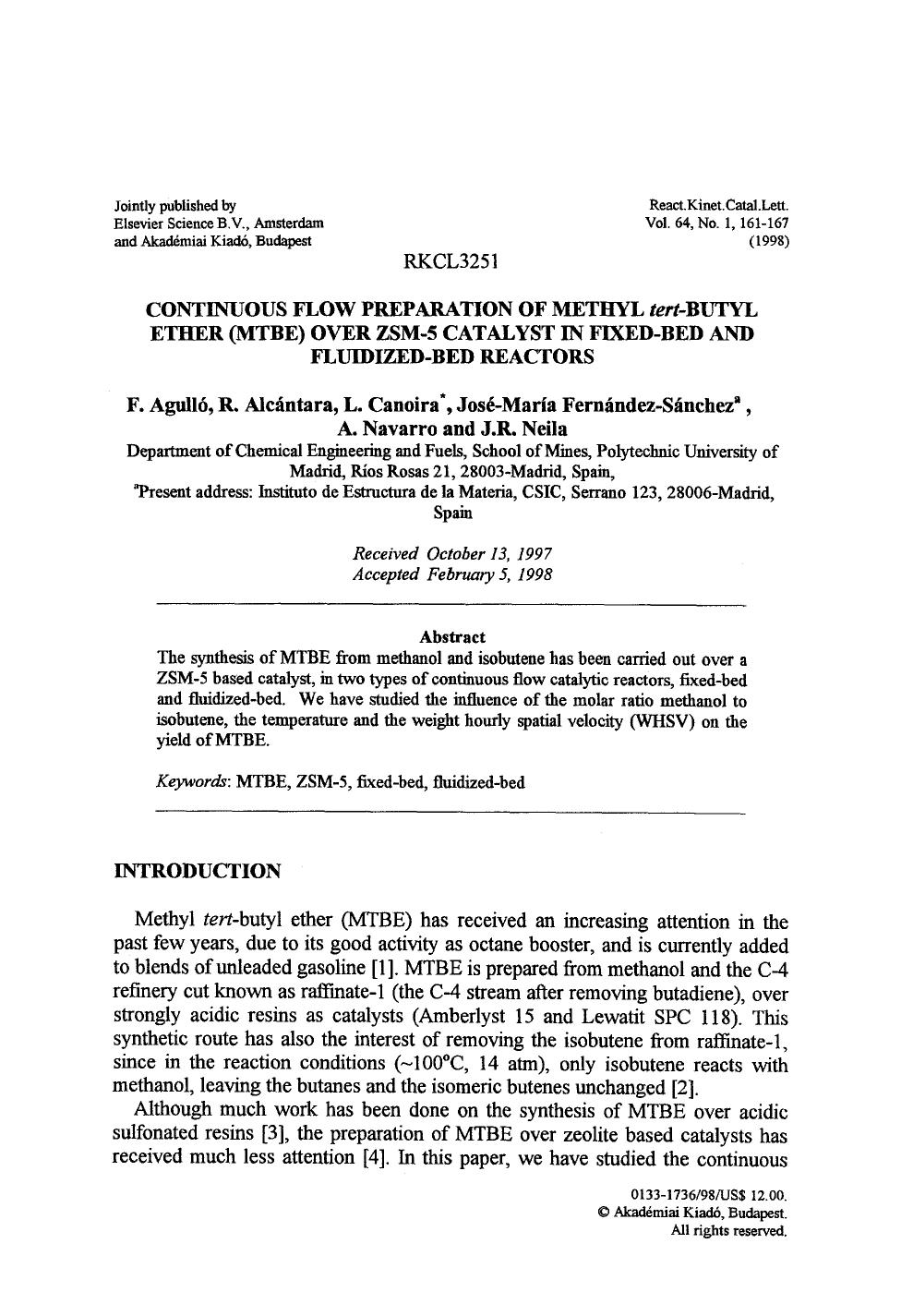 Continuous flow preparation of methyl <Emphasis Type="Italic">tert <Emphasis>-butyl ether (MTBE) over ZSM-5 catalyst in fixed-bed and fluidized-bed reactors by Unknown