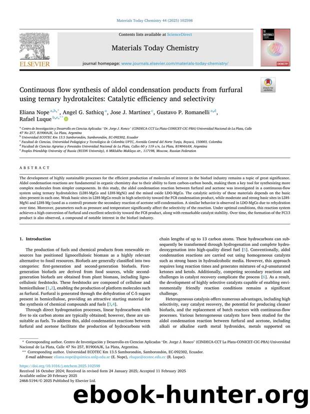 Continuous flow synthesis of aldol condensation products from furfural using ternary hydrotalcites: Catalytic efficiency and selectivity by Eliana Nope