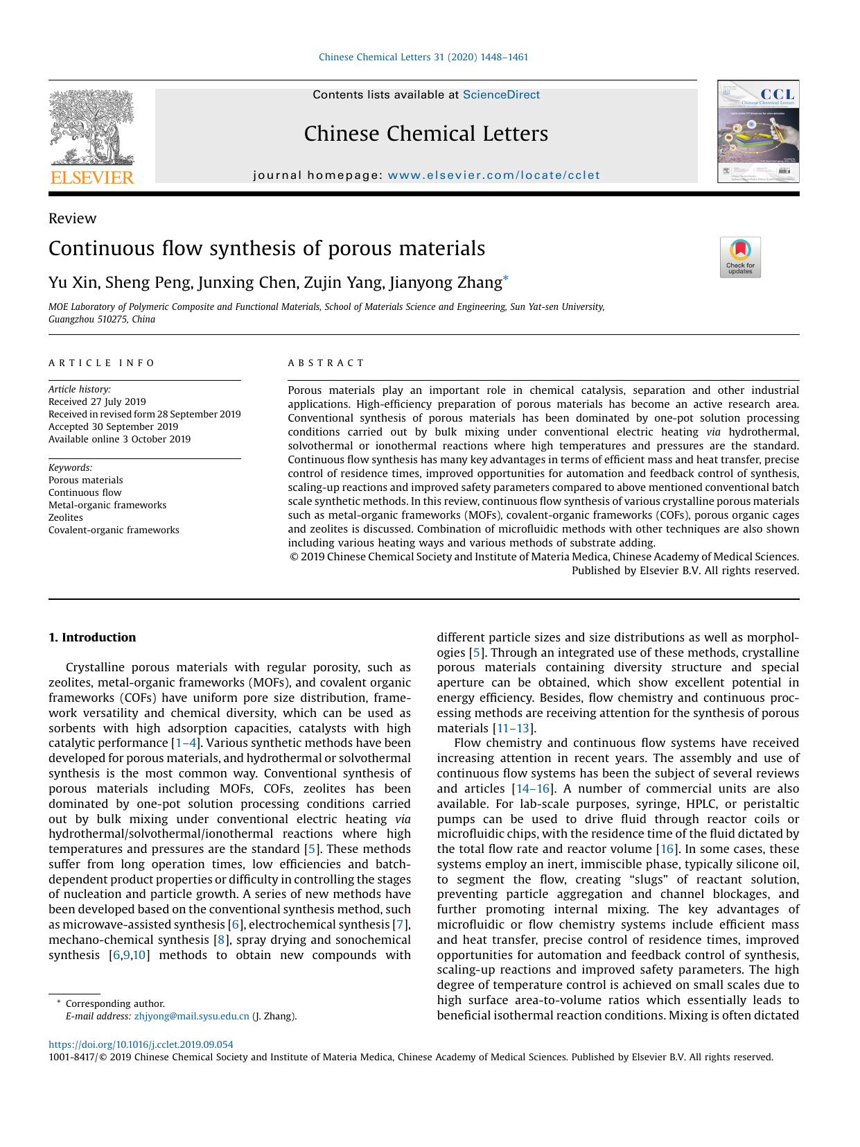 Continuous flow synthesis of porous materials by Yu Xin & Sheng Peng & Junxing Chen & Zujin Yang & Jianyong Zhang