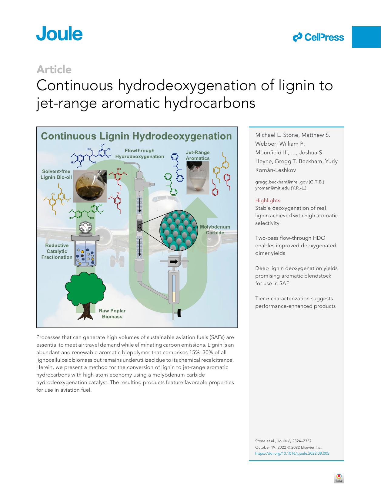 Continuous hydrodeoxygenation of lignin to jet-range aromatic hydrocarbons by unknow