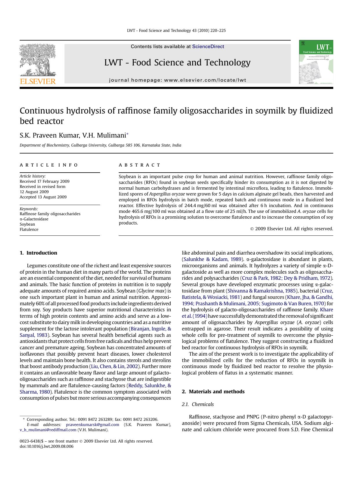 Continuous hydrolysis of raffinose family oligosaccharides in soymilk by fluidized bed reactor by S.K. Praveen Kumar; V.H. Mulimani