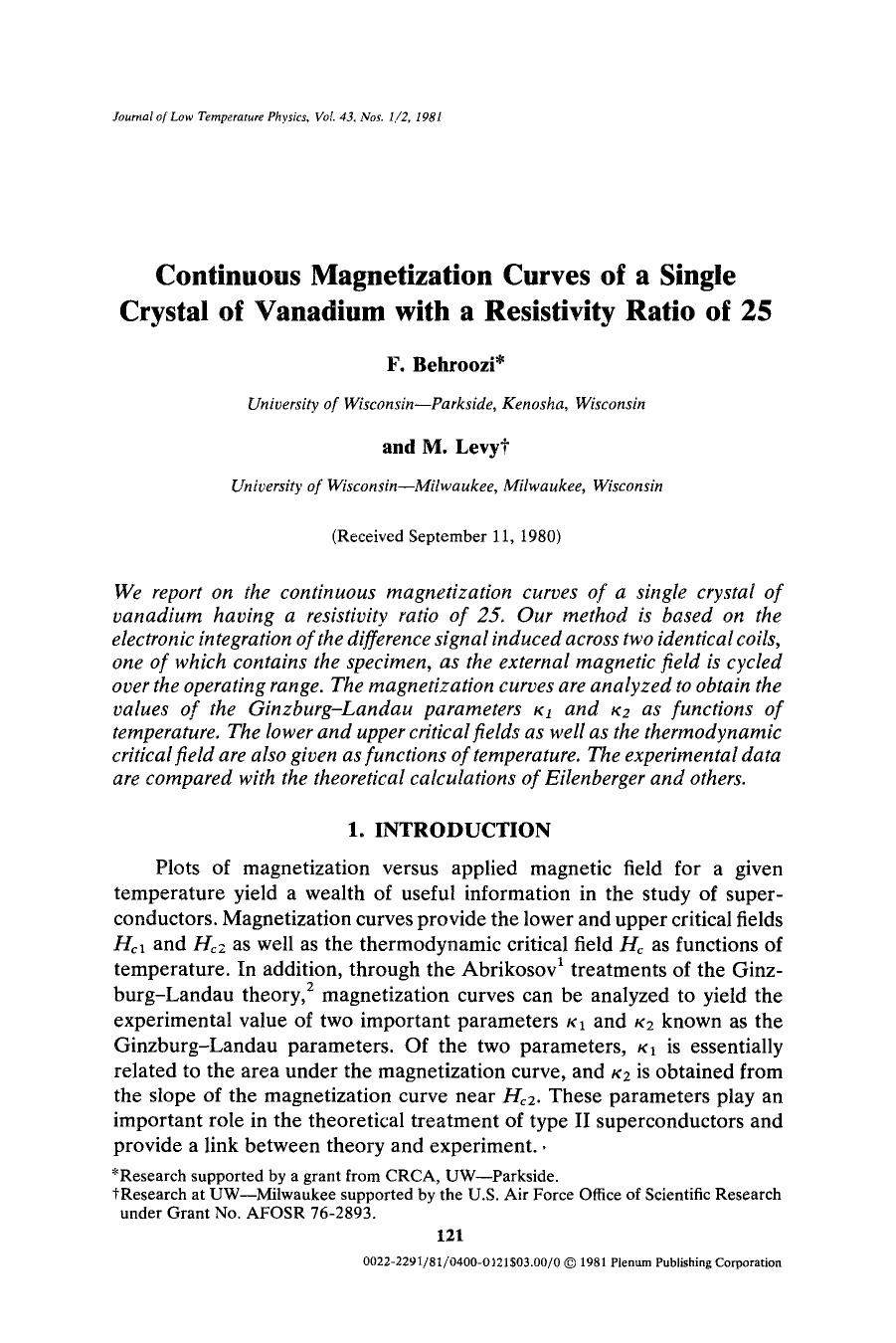 Continuous magnetization curves of a single crystal of vanadium with a resistivity ratio of 25 by Unknown