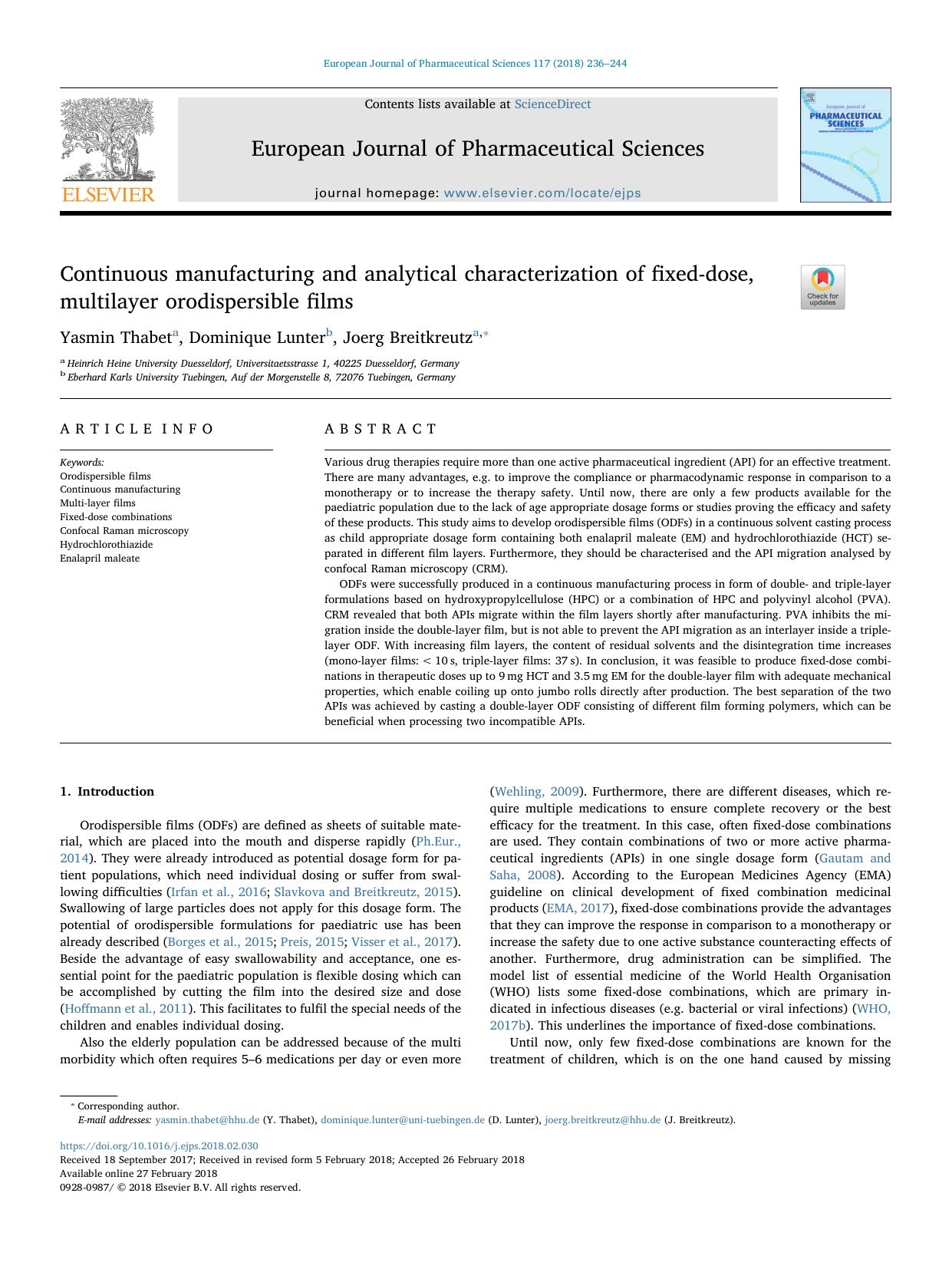 Continuous manufacturing and analytical characterization of fixed-dose, multilayer orodispersible films by Yasmin Thabet & Dominique Lunter & Joerg Breitkreutz
