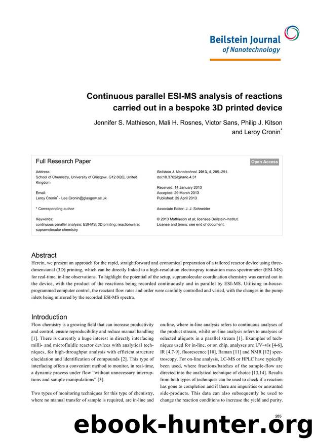 Continuous parallel ESI-MS analysis of reactions carried out in a bespoke 3D printed device by Jennifer S. Mathieson Mali H. Rosnes Victor Sans Philip J. Kitson Leroy Cronin