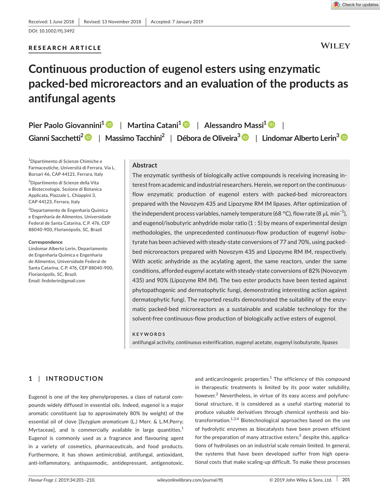Continuous production of eugenol esters using enzymatic packedâbed microreactors and an evaluation of the products as antifungal agents by Unknown