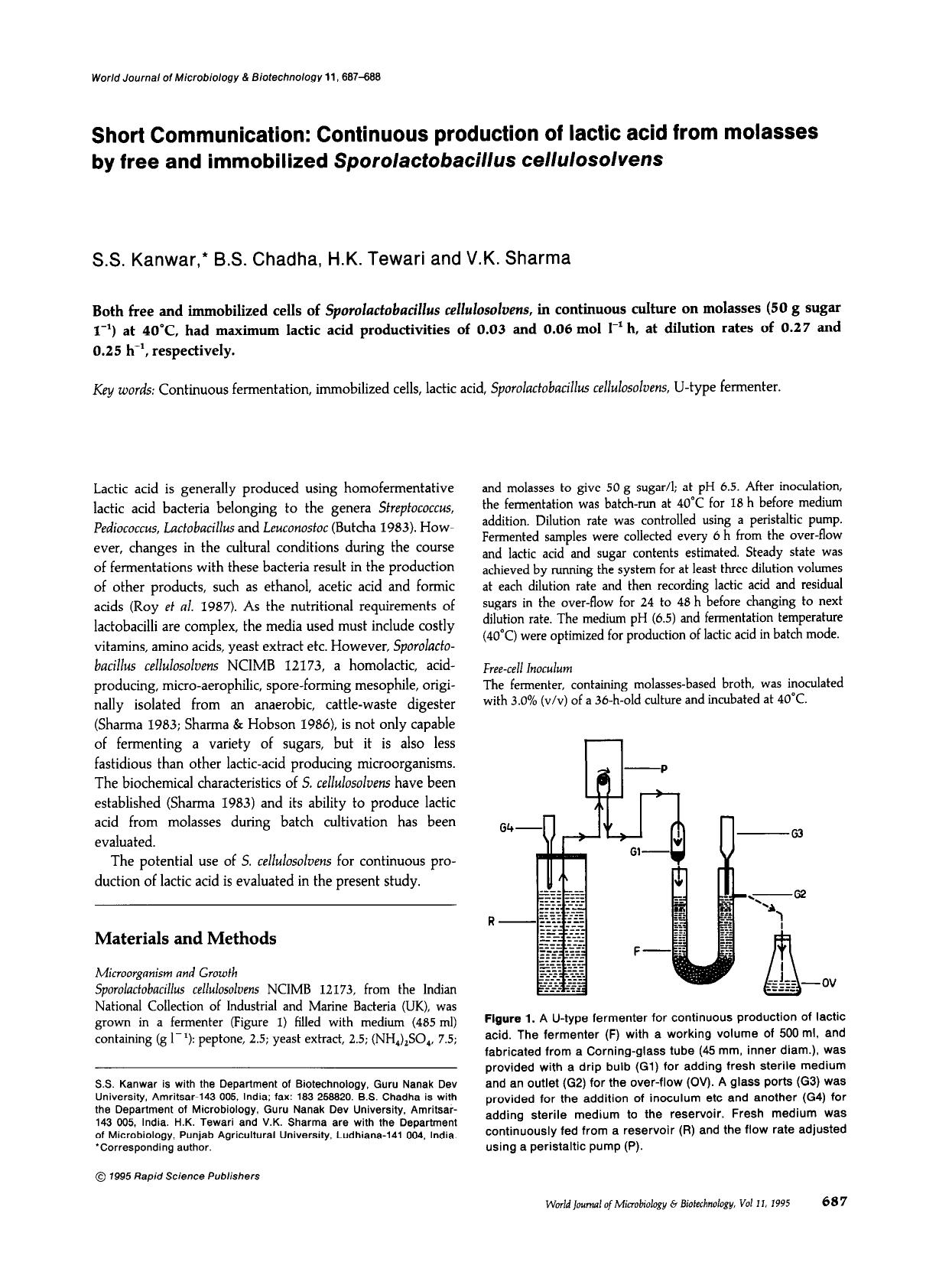 Continuous production of lactic acid from molasses by free and immobilized <Emphasis Type="Italic">Sporolactobacillus cellulosolvens<Emphasis> by Unknown