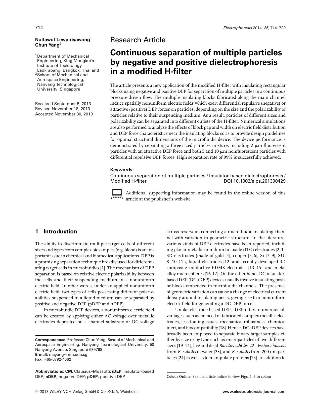 Continuous separation of multiple particles by negative and positive dielectrophoresis in a modified H&#x02010;filter by Unknown
